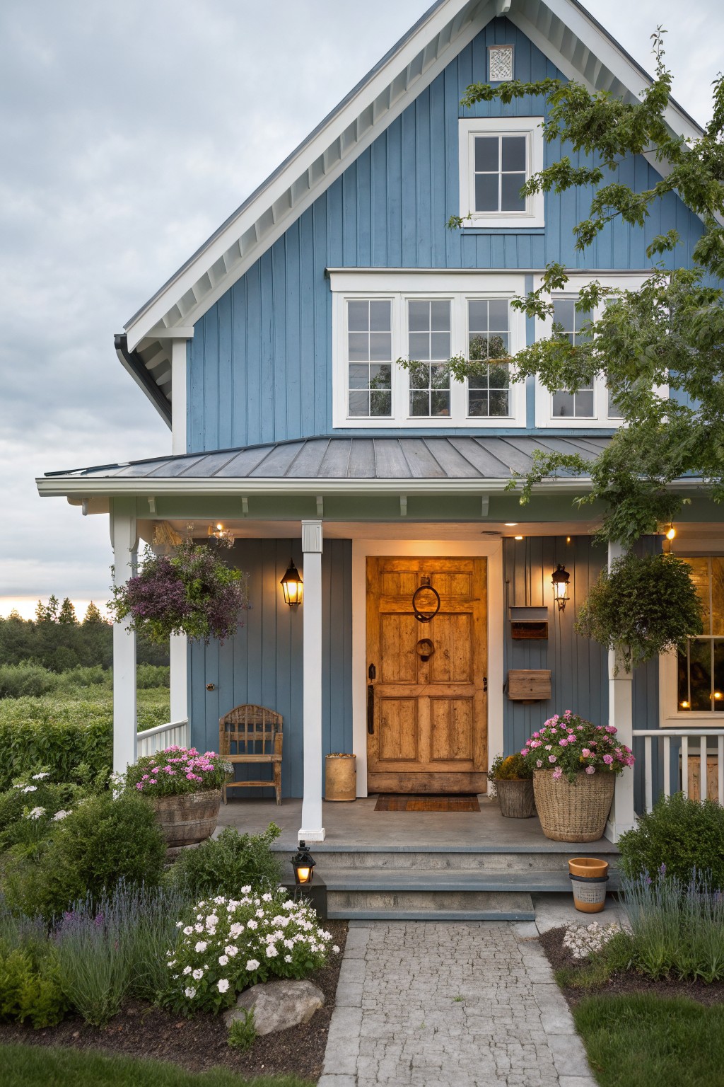 Blue clapboard house exterior with gabled roof, covered porch, wooden front door, hanging lanterns, potted plants, and surrounding landscaping on a paved path.