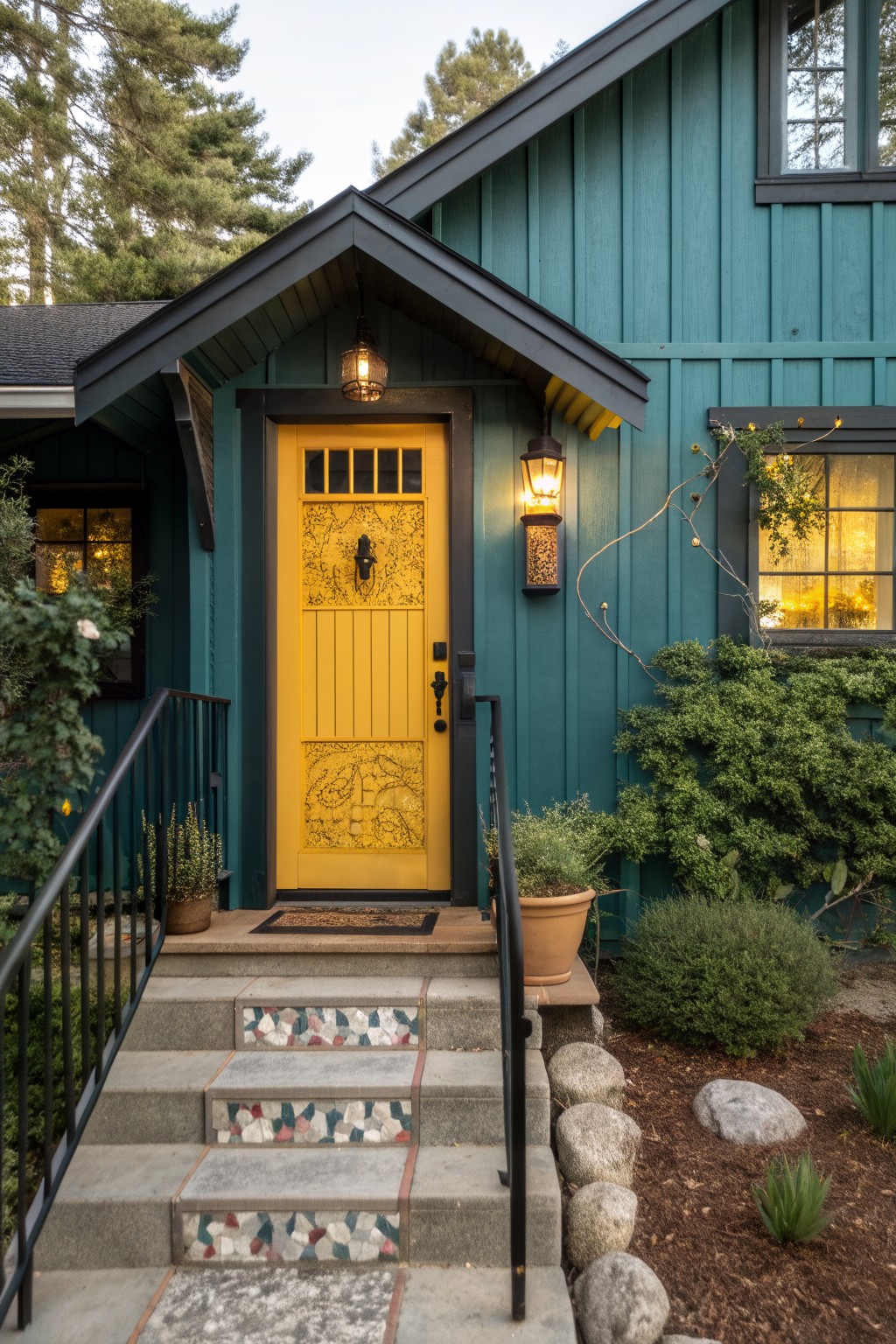 Teal vertical board-and-batten siding house with yellow paneled front door featuring etched designs, flanked by lanterns and windows, black metal stair railing with mosaic tile steps, and low shrubs and rocks in the yard.