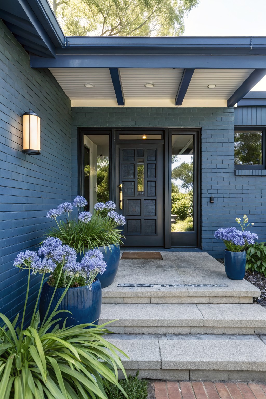 Front entrance of a blue brick house featuring a dark wood door with sidelights, flanked by two large blue ceramic pots filled with blooming blue agapanthus plants, concrete steps, and a doormat.