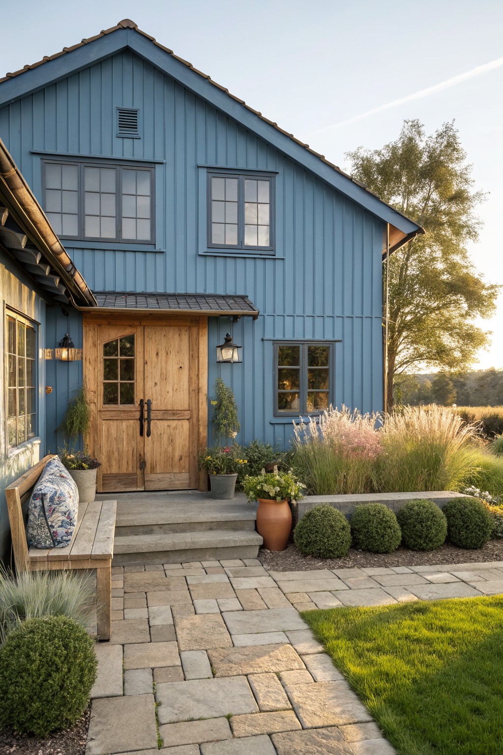 Blue vertical board-and-batten house exterior with wooden double entry doors under a covered porch, surrounded by potted plants, tall pink ornamental grasses, spherical boxwood shrubs, and a stone paver pathway leading to green lawn.