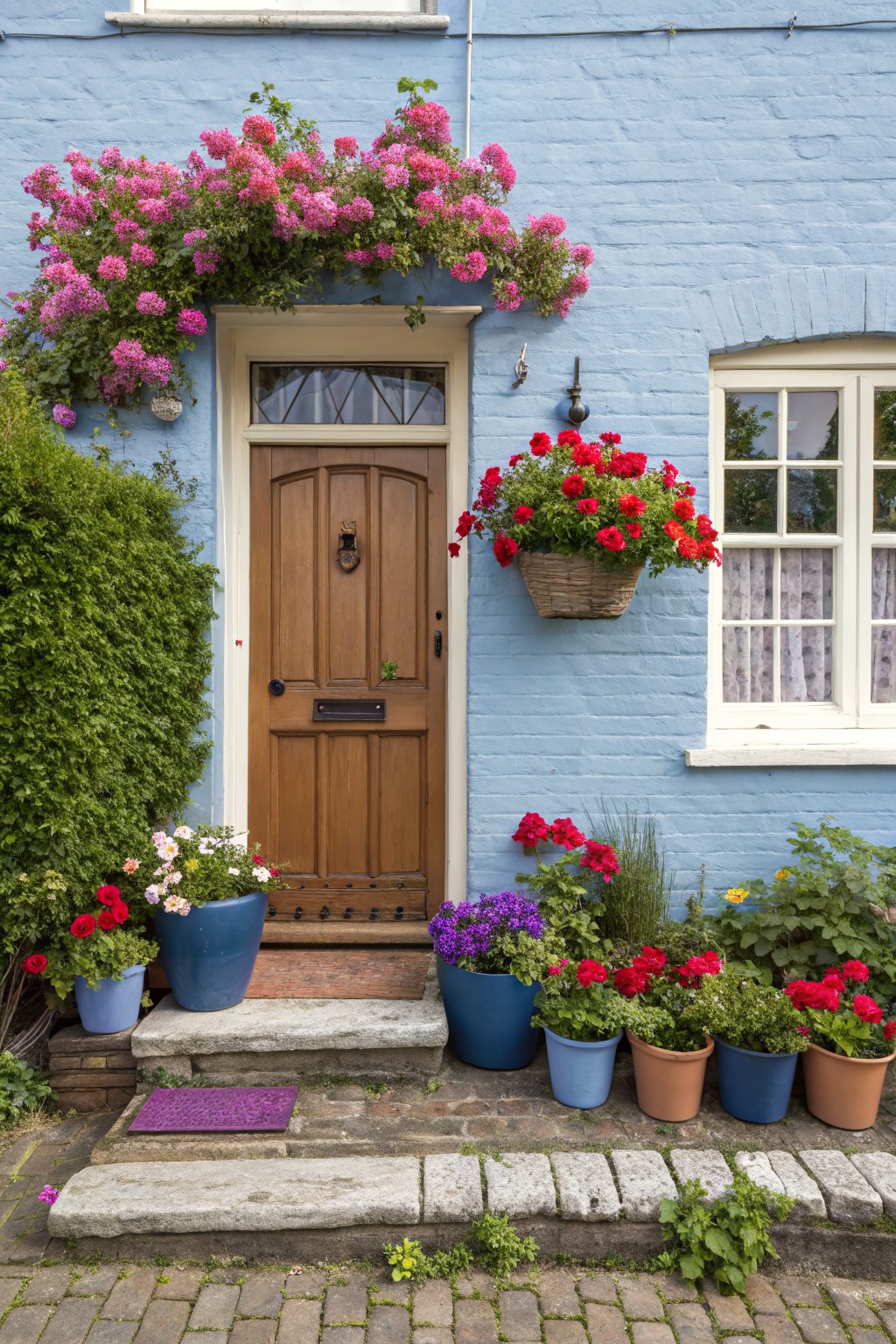 Light blue brick house facade featuring a wooden arched door with pink climbing flowers draping over the top, a wicker hanging basket of red geraniums mounted beside the door, various potted flowers and plants including geraniums in blue and terracotta pots lining the stone steps, green shrubs to the left, and a purple door mat.