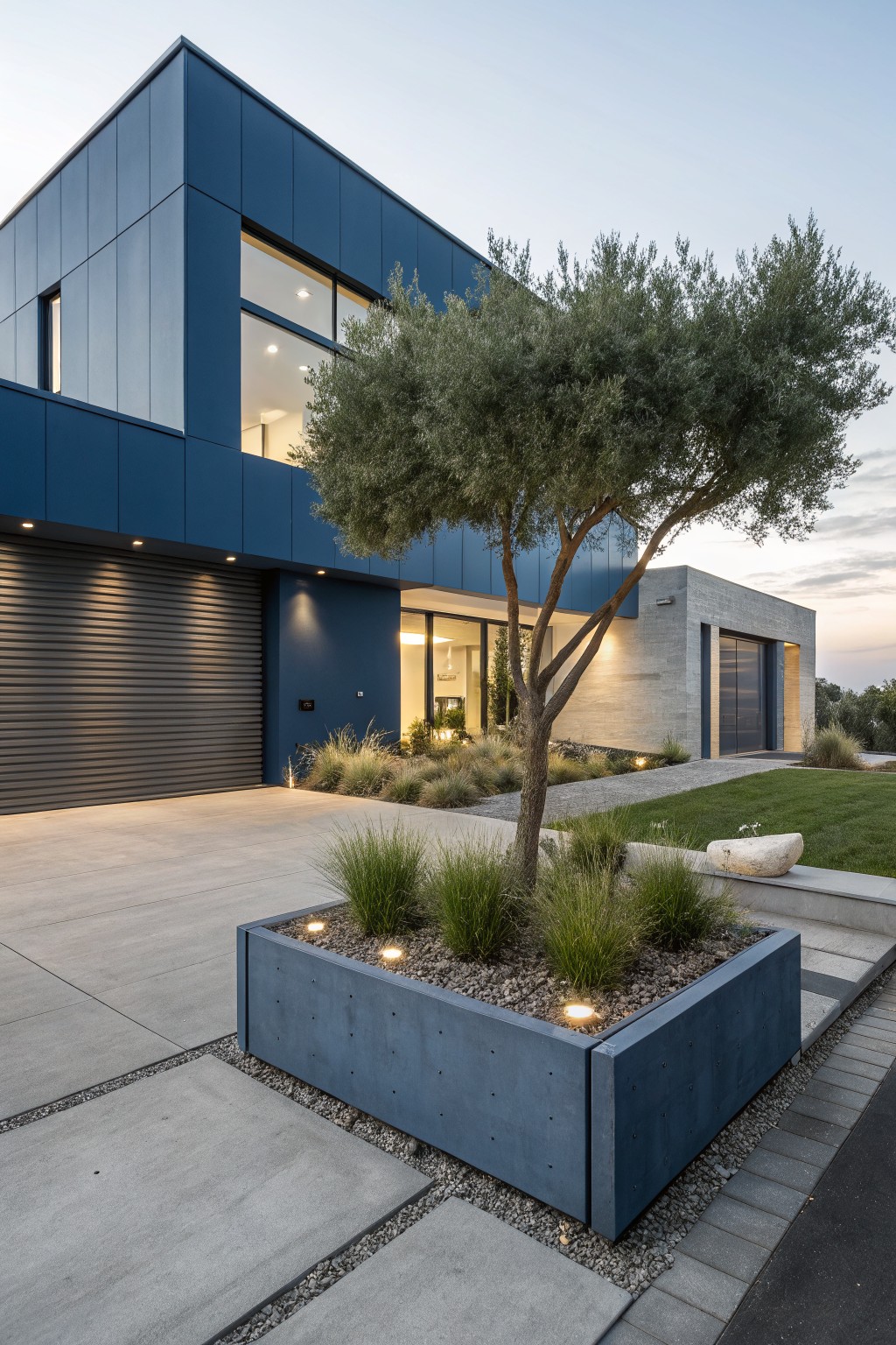 Modern blue metal-clad house exterior at dusk with open garage, olive tree beside stone entryway, grasses in lit concrete planter box along concrete driveway edged in pebbles.