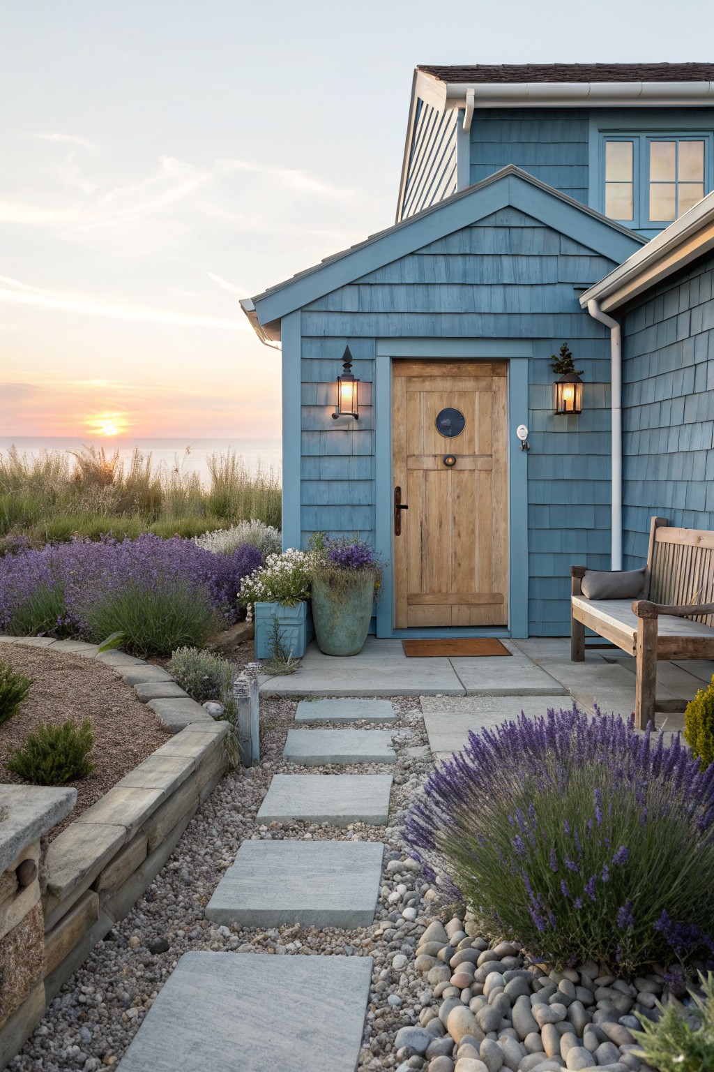 Blue shingled house exterior with wooden entry door, lantern lights, purple lavender plants in curved beds, stone step path, wooden bench, and beach grasses near the ocean at sunset.