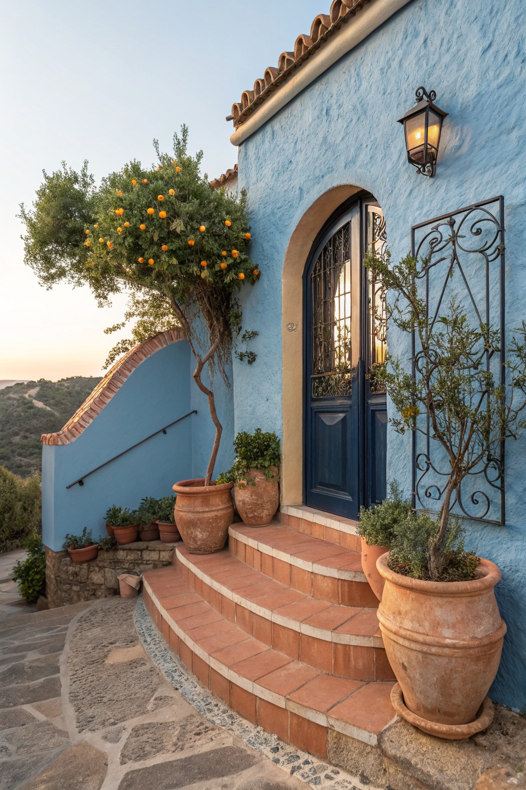 Blue stucco house exterior featuring an arched navy blue door with wrought iron gate, a mature orange tree with fruit overhanging the entrance, various terracotta pots with plants on terracotta steps, and a stone pathway at dusk.
