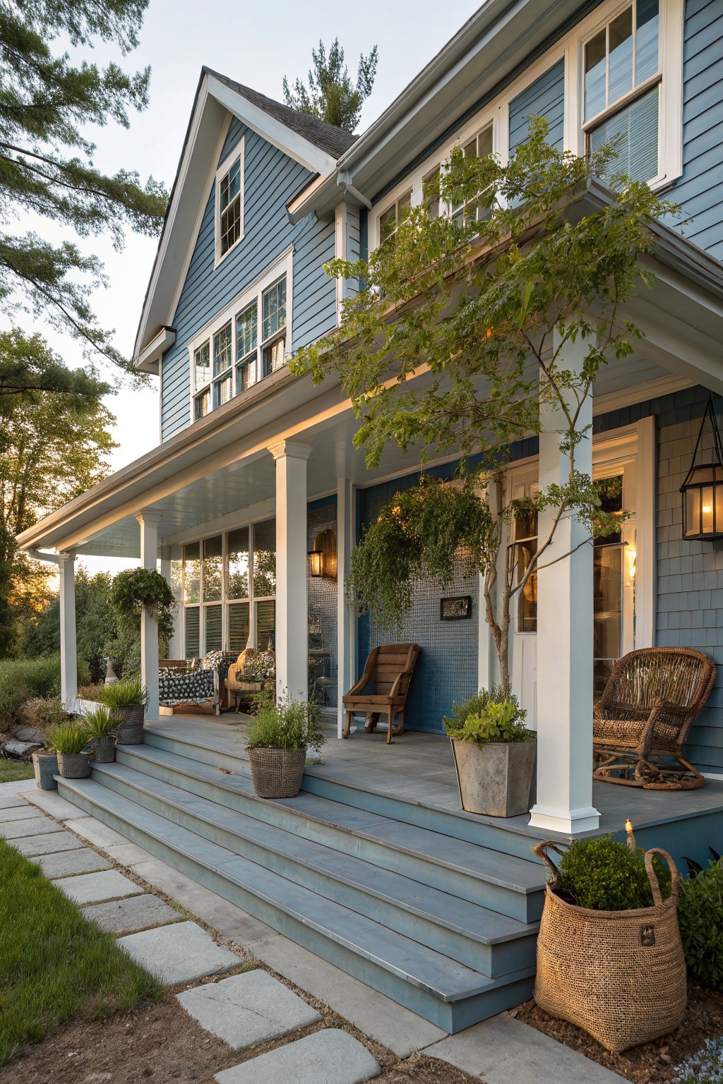 Blue shingled house exterior with wraparound porch, wicker chairs and rocking chairs, multiple potted plants including grasses and topiaries on gray steps leading to front door, stone walkway, evening light.
