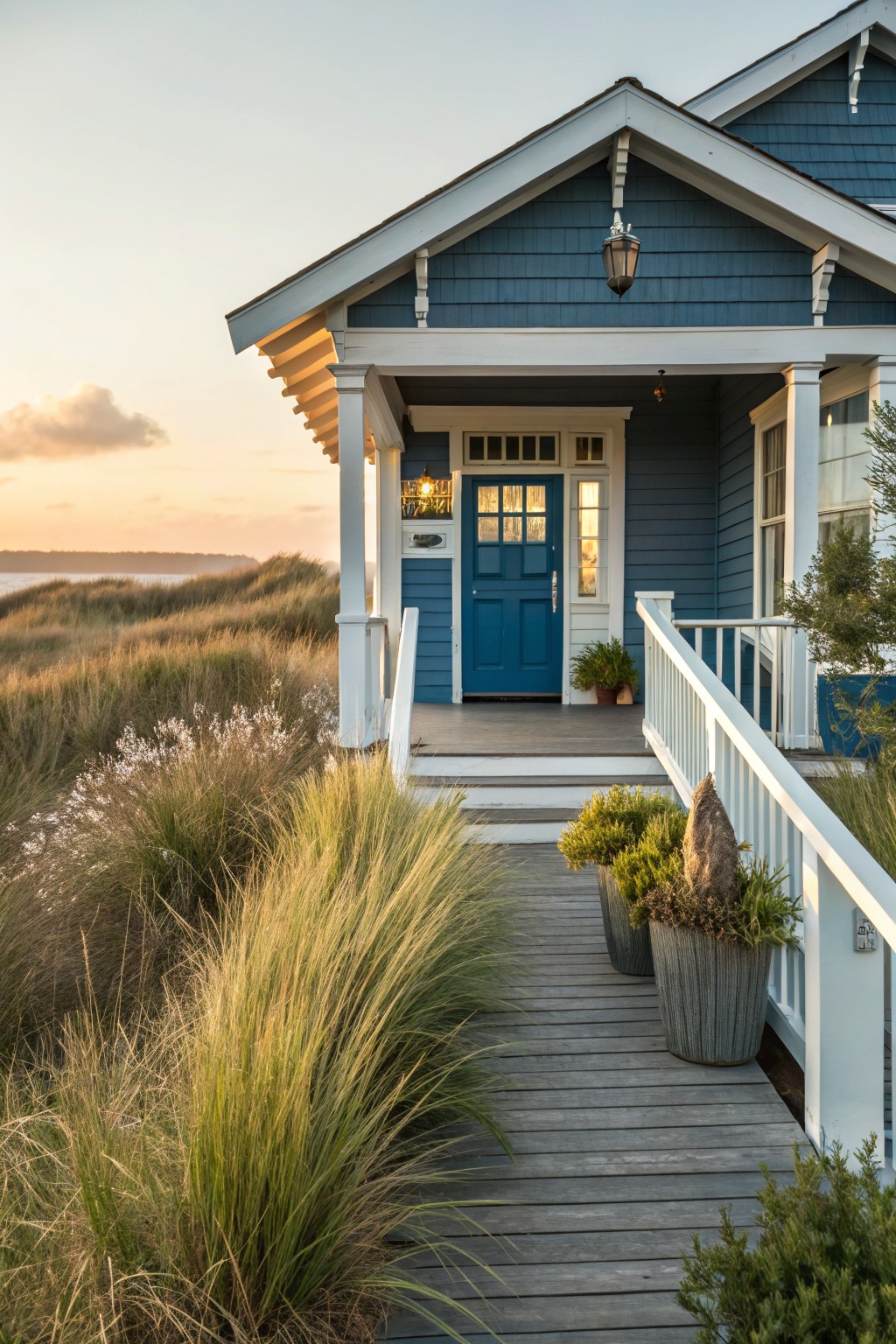Blue shingle house with white porch columns, blue front door, and wooden walkway lined with tall ornamental grasses, shrubs in galvanized pots, and dune landscape at sunset.