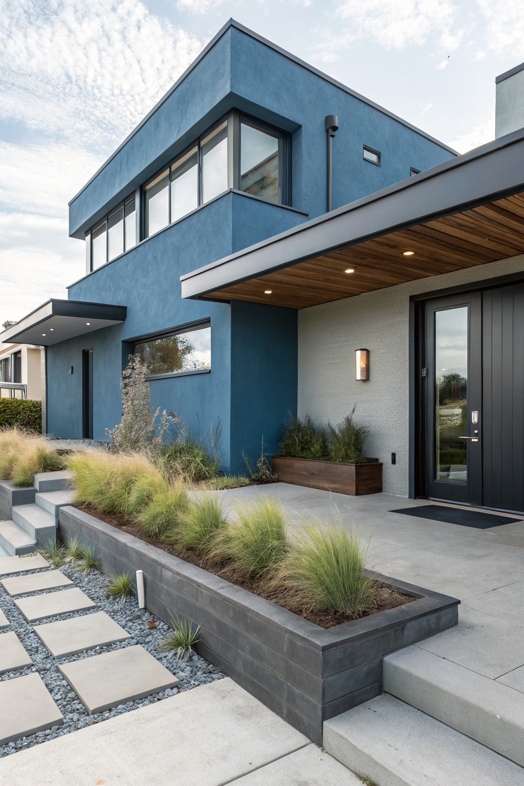 Modern blue stucco house exterior showing entryway with tall ornamental grasses in black raised planters along concrete path and steps leading to black double doors under wood canopy.