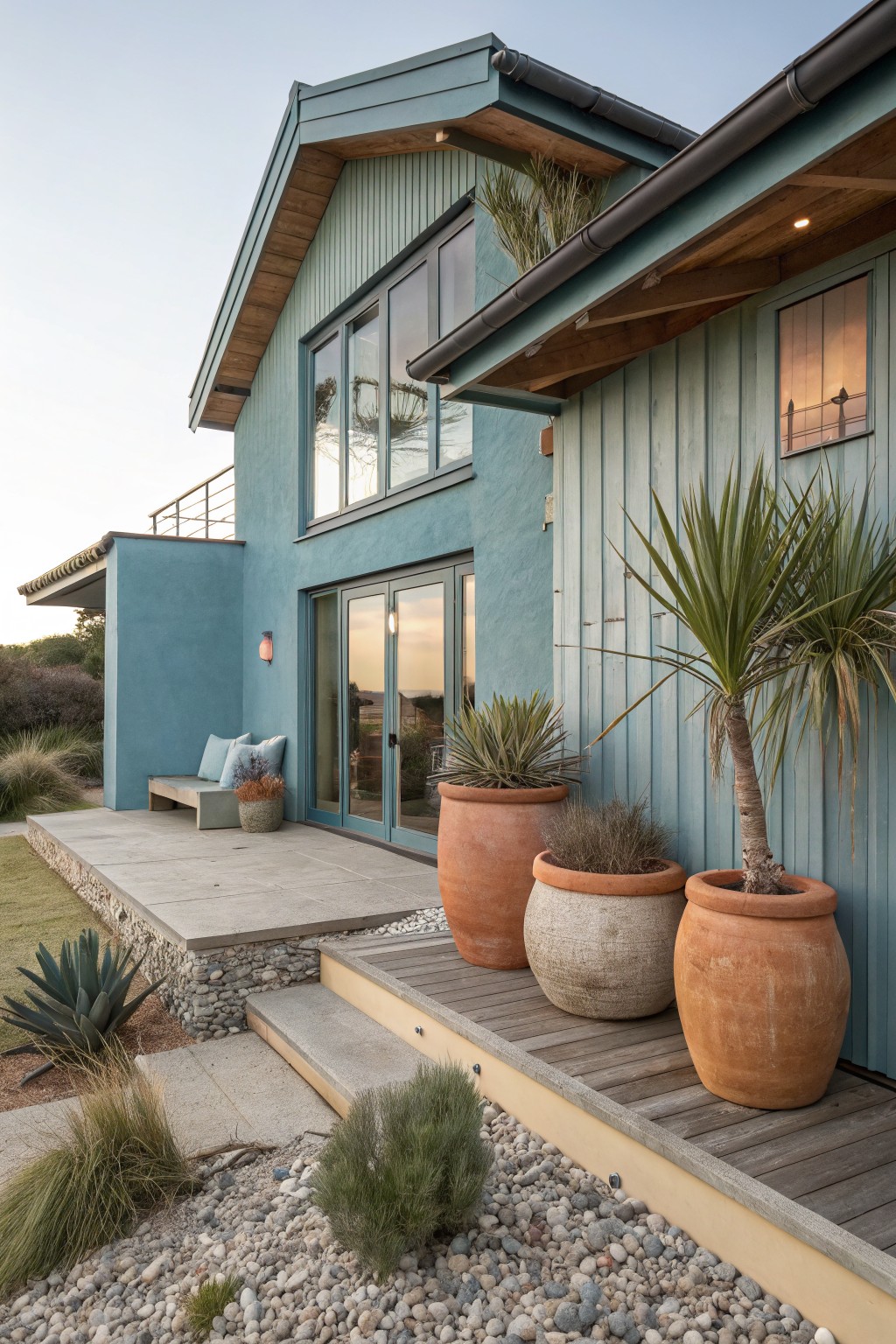 Teal blue modern house exterior with wooden deck, glass entry doors, bench, and several large terracotta pots containing yucca, agave, and other succulents near the entrance, surrounded by gravel and drought-tolerant plants.