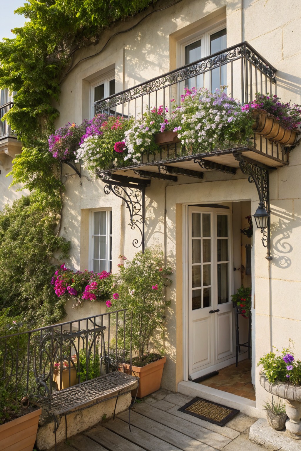 Beige stone house exterior with wrought-iron balcony overflowing with pink, purple, and white flowers in rectangular planters, climbing vines on walls, potted plants around a glass-paned double door entry, metal bench on porch, and additional urns.