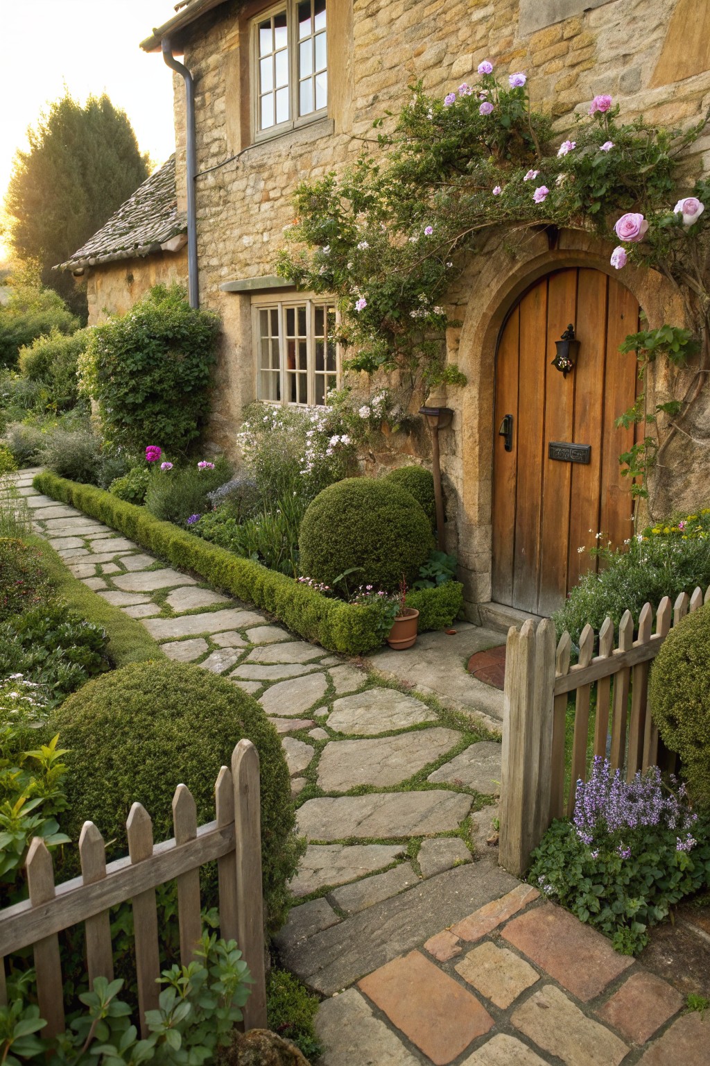 English cottage exterior with arched wooden door draped in pink climbing roses, flagstone path winding through boxwood topiaries and flower beds to a picket fence gate.