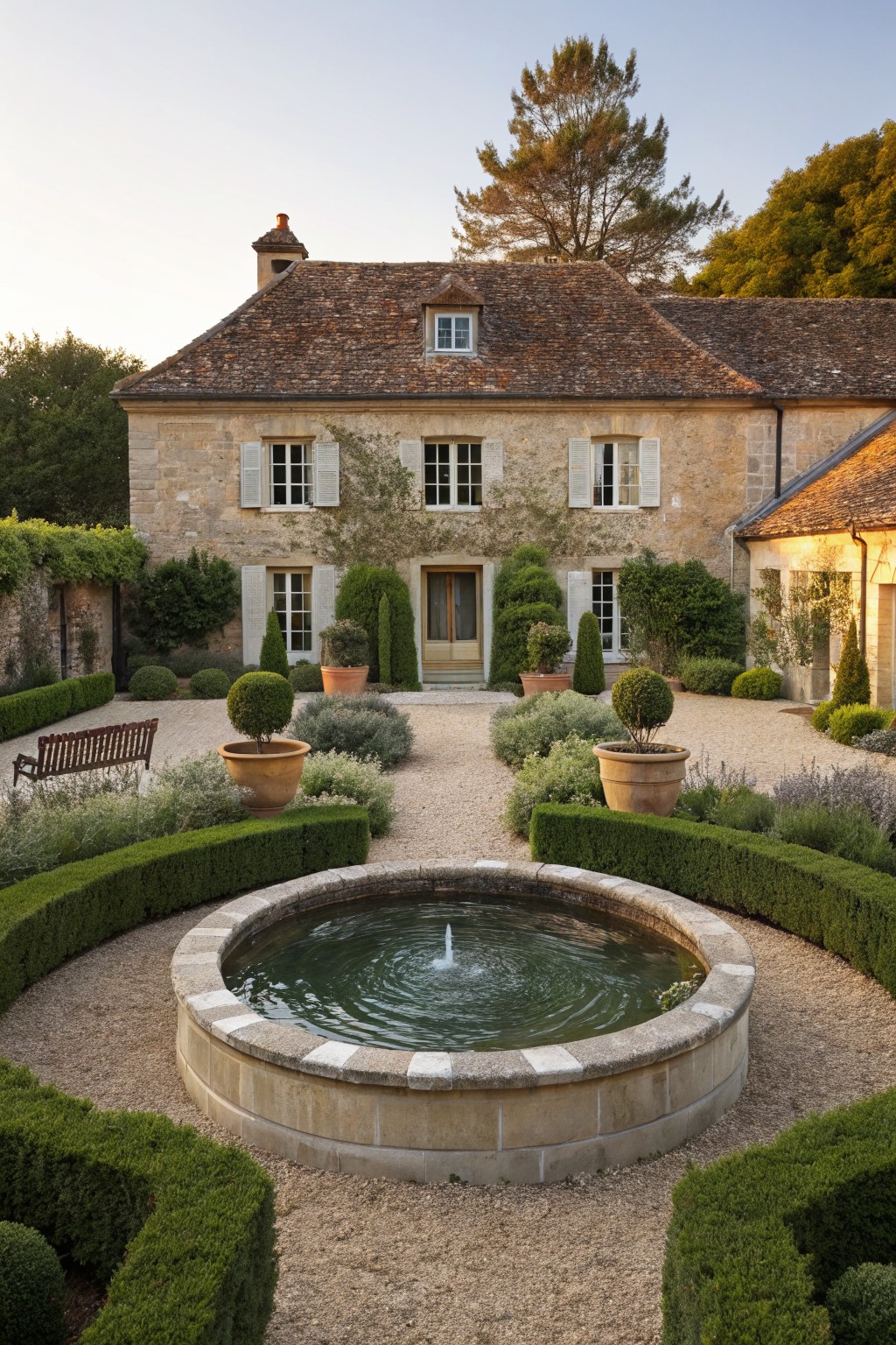 Stone cottage with terracotta roof and shuttered windows, fronted by a circular stone fountain in a gravel garden with curved boxwood hedges, topiary shrubs, potted plants, and a wooden bench.