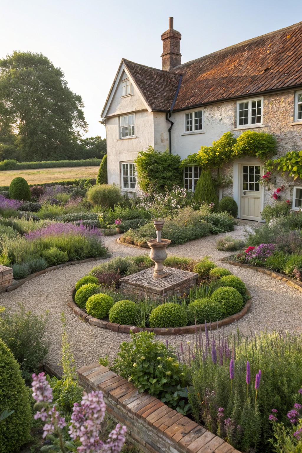 English cottage with white walls, red tiled roof, and climbing plants beside a gravel path curving through layered flower beds to a circular gravel area centered on a stone fountain, edged by boxwood spheres and surrounded by herbaceous borders.