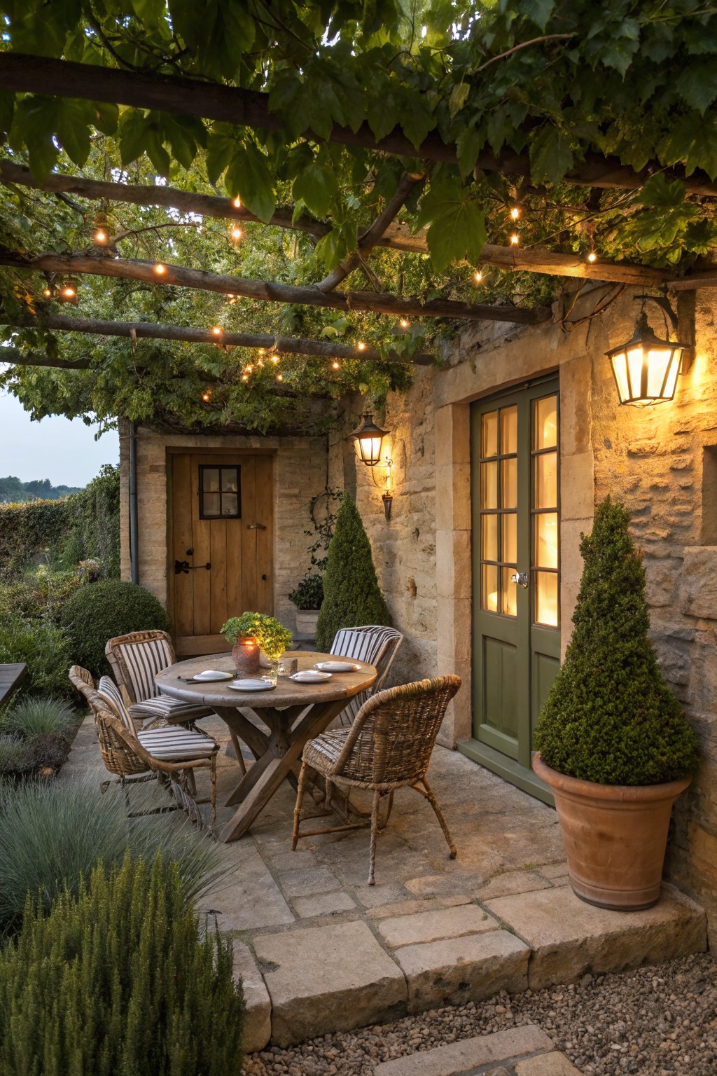 Stone terrace with round wooden table and four wicker chairs under wooden pergola covered in green vines and string lights, next to cottage stone walls with wooden door, glass door, lanterns, and potted topiary plants.