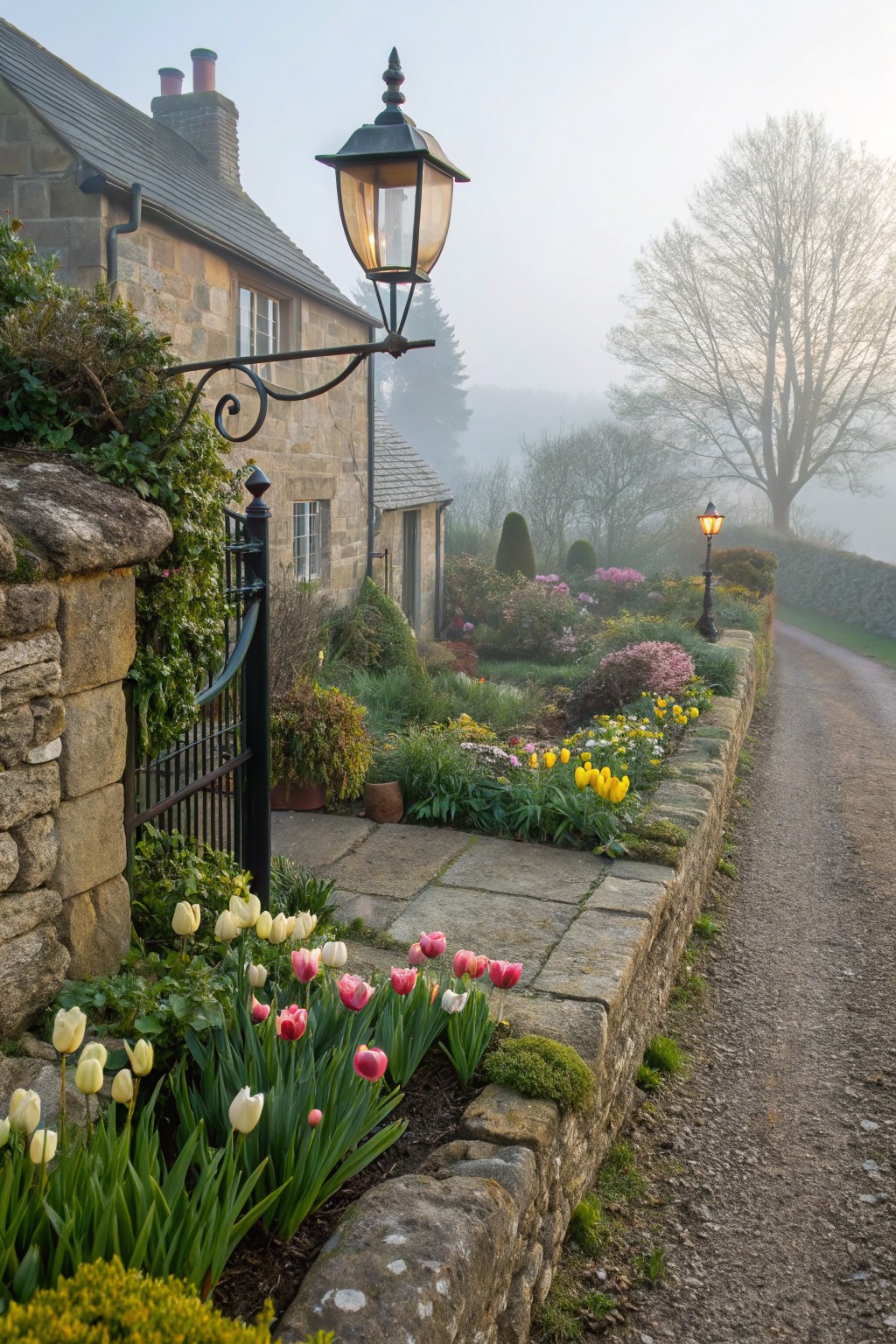 Stone English cottage exterior with wrought iron gate, colorful tulip beds in white and pink along a low stone wall and gravel path, vintage lanterns, garden plants, and misty morning landscape.