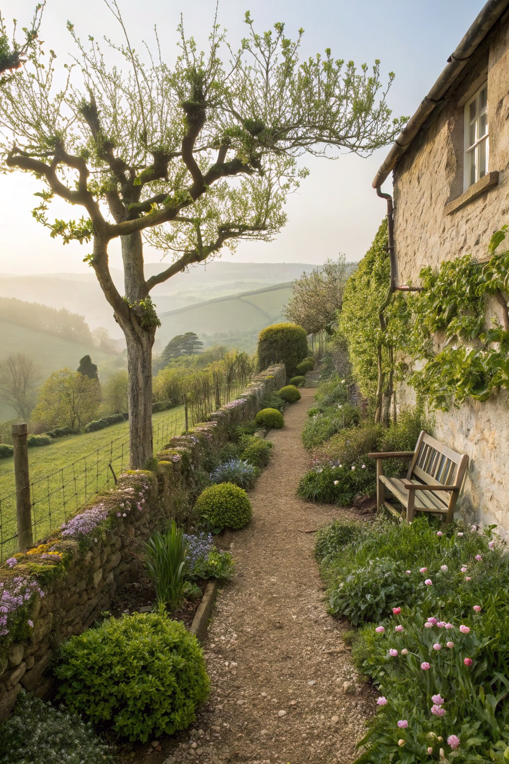 Stone cottage wall adjacent to a gravel pathway lined with spherical boxwood topiaries, flowering perennials, and a wooden bench, with green hills visible beyond a wire fence.