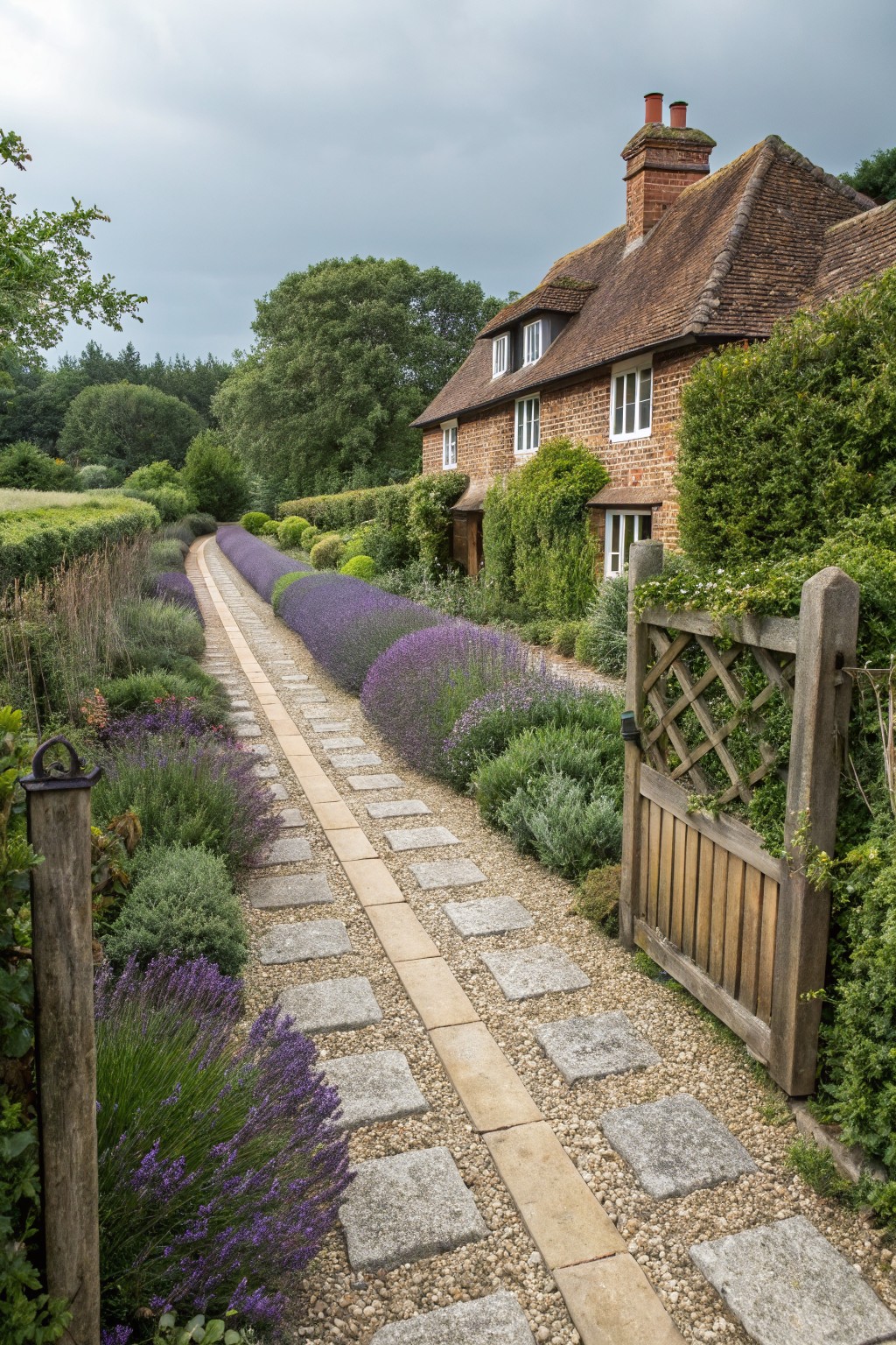 A gravel pathway edged with lavender bushes and shrubs leads through a garden to a wooden gate at a brick English cottage house with a tiled roof, surrounded by hedges and trees under a cloudy sky.