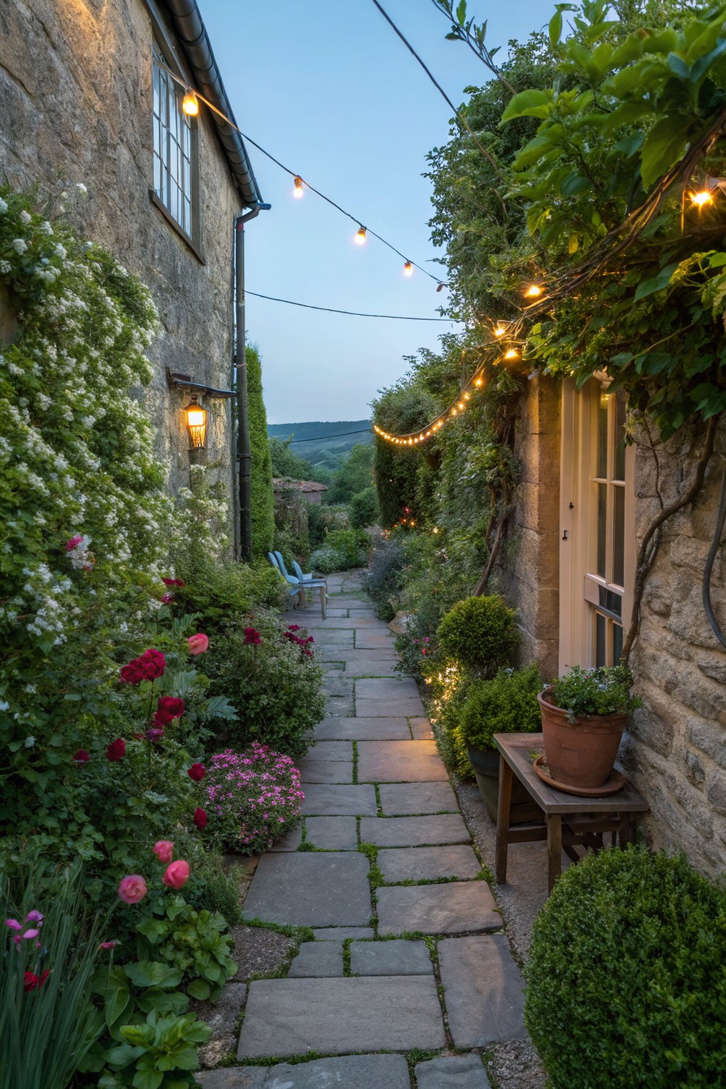 Narrow flagstone path between two stone cottage walls covered in climbing plants and flowers, with string lights strung overhead, potted plants on a bench near the door, and two chairs at the end.