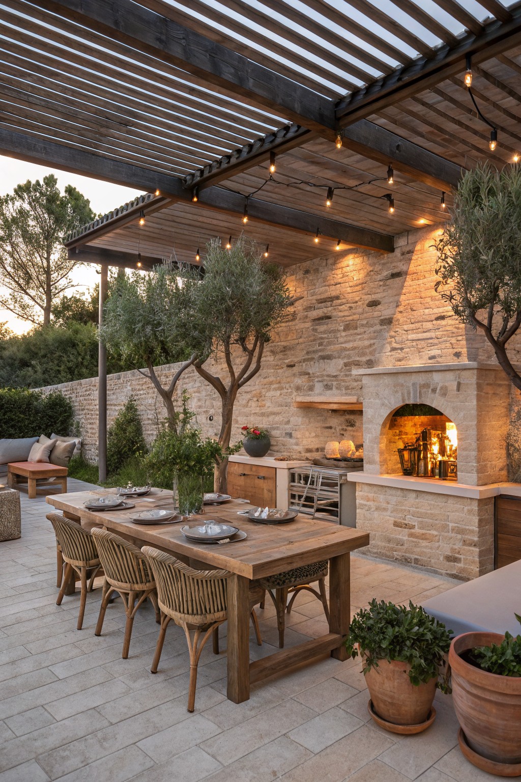 Outdoor patio dining area under wooden slatted pergola with string lights, featuring rattan chairs around wooden table, stone kitchen counter with built-in arched fireplace oven, olive trees against textured stone wall, and potted plants on tiled floor.