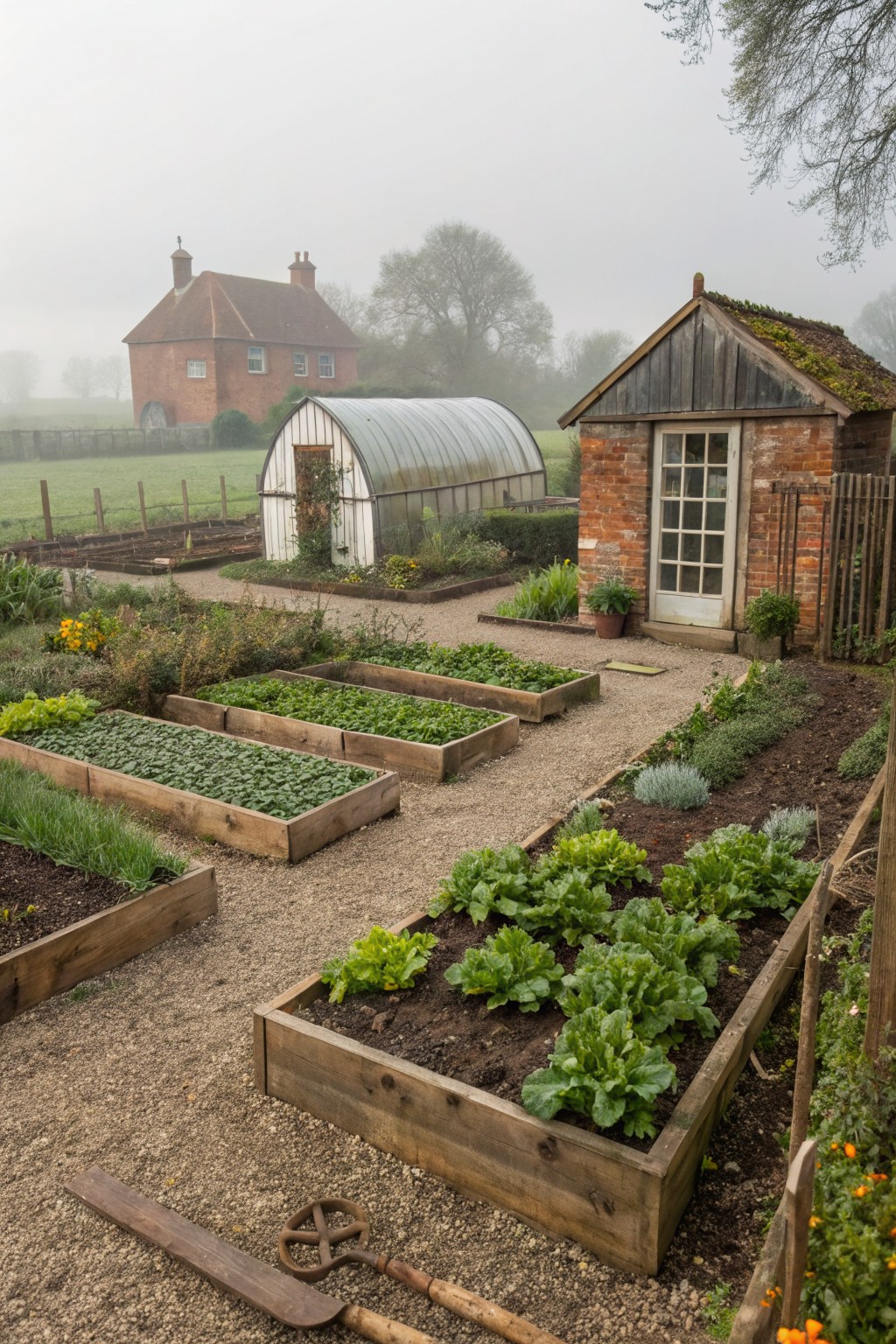 Foggy English cottage garden with wooden raised beds planted with greens and vegetables, gravel paths, a greenhouse, a brick potting shed, and a distant red brick house.