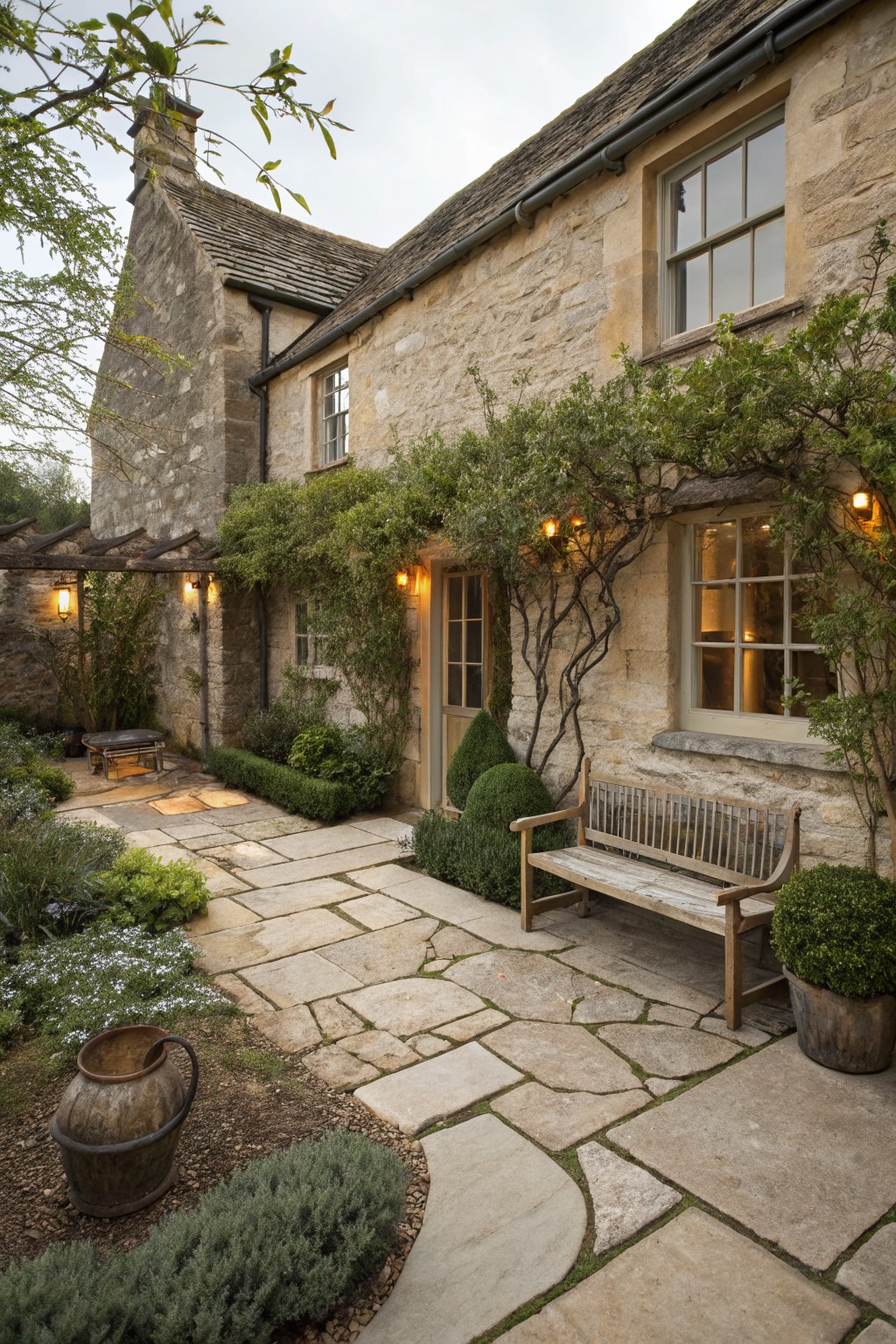 Stone cottage exterior with courtyard featuring irregular flagstone path, wooden bench, potted plants, climbing vines on walls, lanterns, and low shrubs.