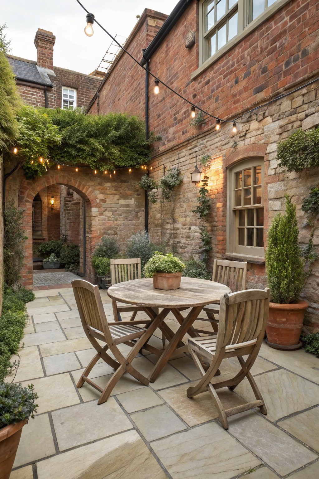 Paved courtyard enclosed by brick walls with a central round wooden table, four folding chairs, potted plants, string lights overhead, and an arched doorway.