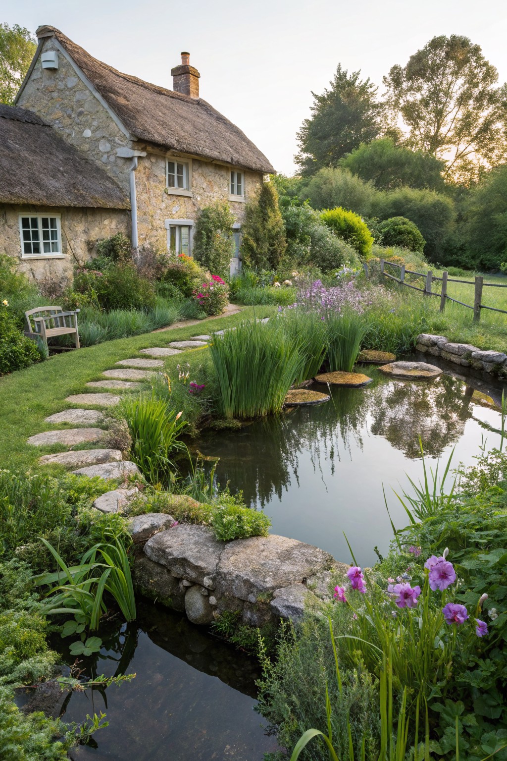 Thatched stone cottage beside a lush garden with a meandering path of flat stepping stones winding through grasses and plants to a pond edged with reeds and rocks.