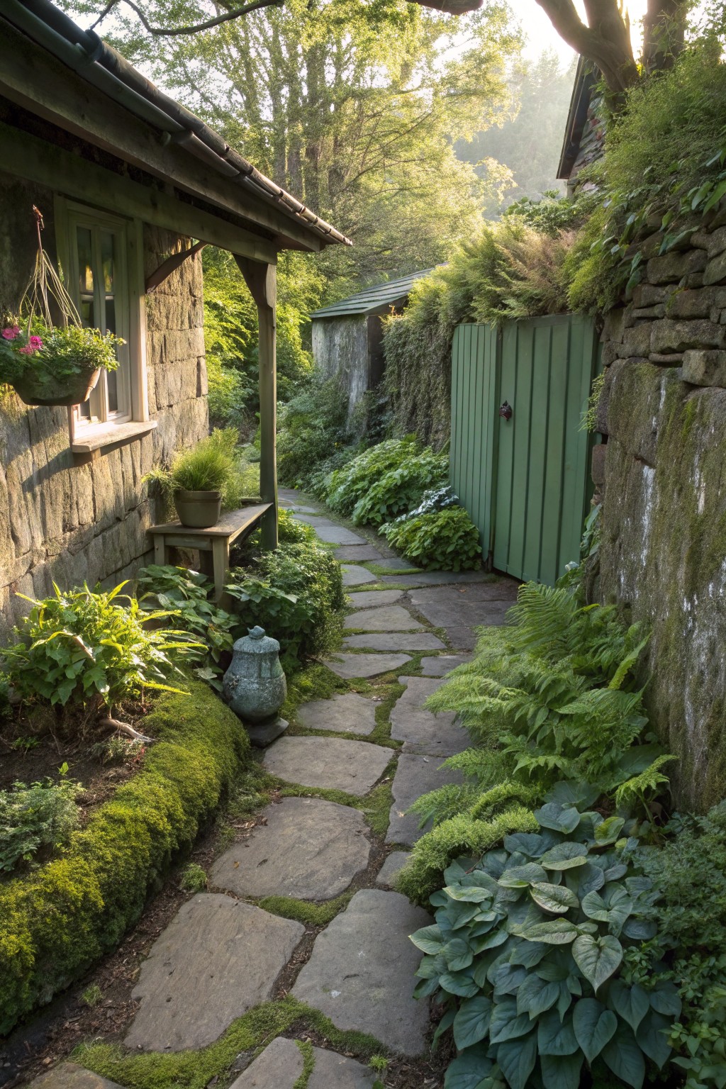Narrow moss-covered stone slab pathway beside a textured stone cottage wall, bordered by dense ferns, hostas, and mossy edging, leading to a green wooden garden gate.