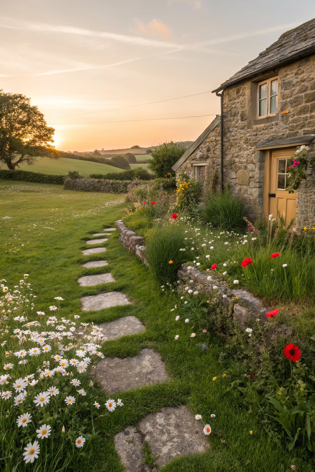 Stone English cottage with irregular flat stepping stones set into green lawn and wildflowers including daisies and poppies, path leading to wooden front door beside flower-filled border wall, fields and sunset in background.
