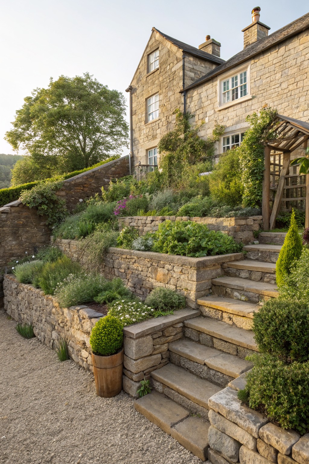 Stone English cottage beside terraced garden with planted beds in dry-stone retaining walls, stone steps, shrubs, herbs, and perennials on a gravel path at dusk.