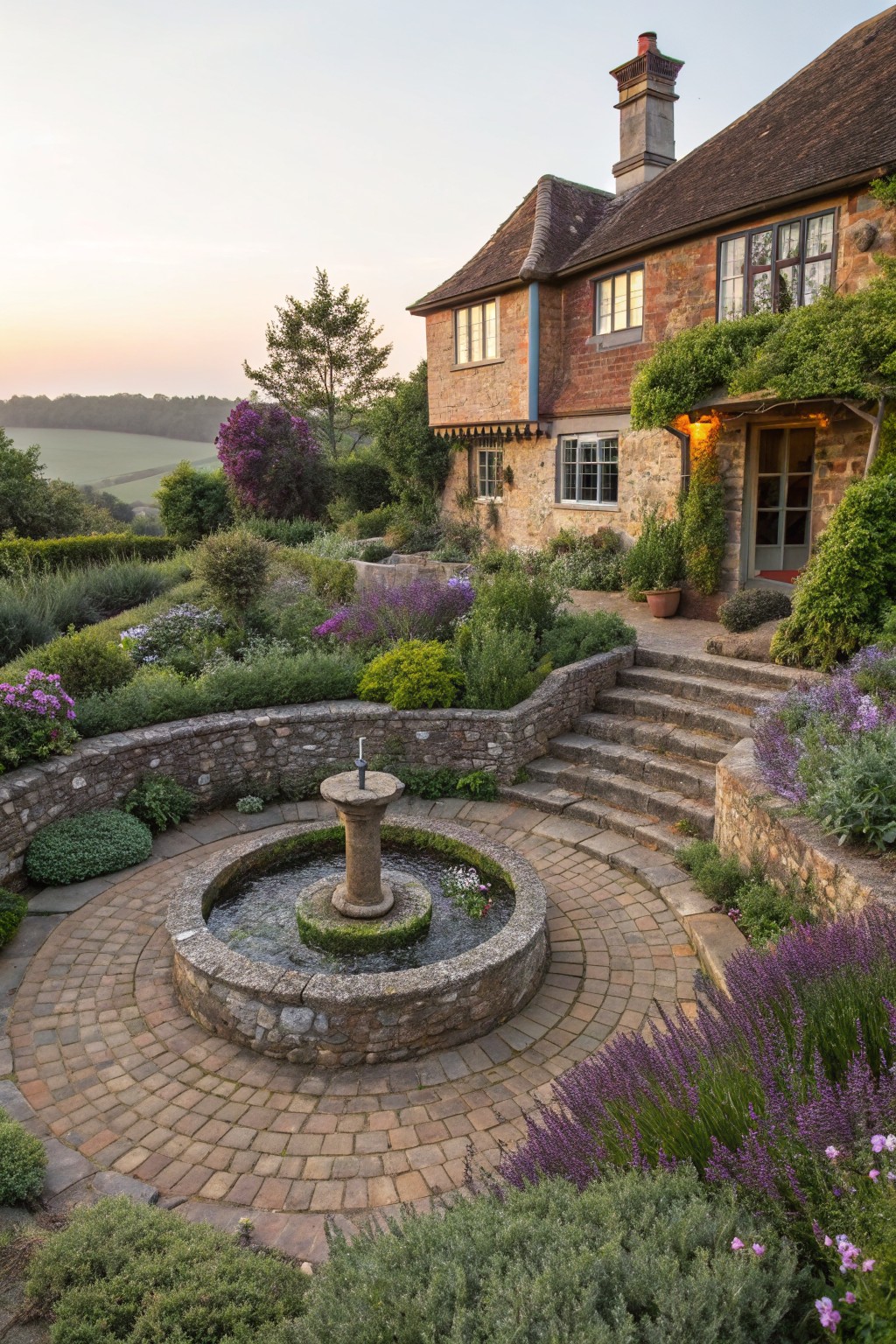 A charming stone house surrounded by lush gardens and a circular fountain at sunset.