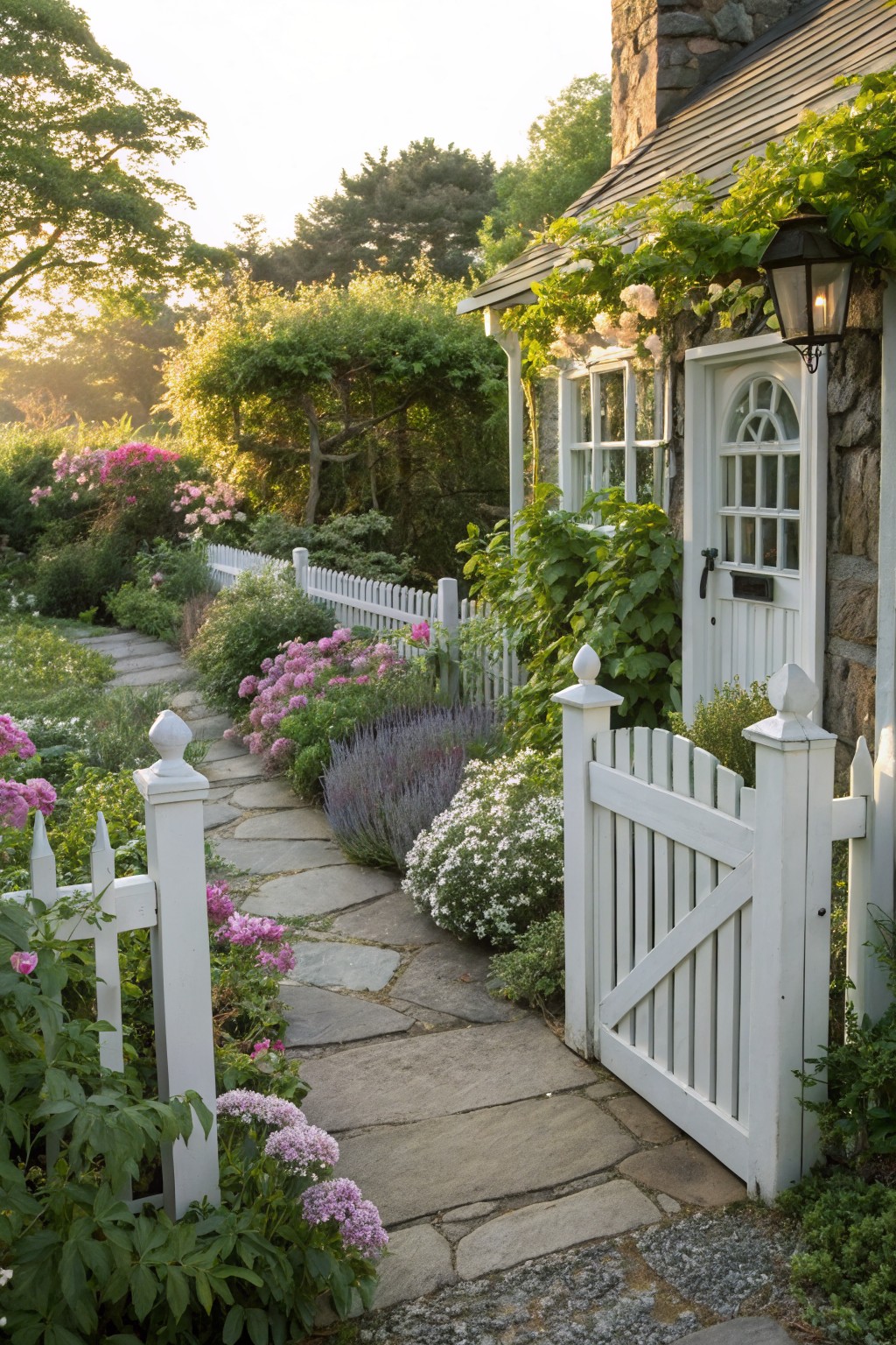 A curved flagstone pathway winds through garden beds filled with pink flowers, lavender, white picket fence, and climbing vines leading to the door of a stone cottage.