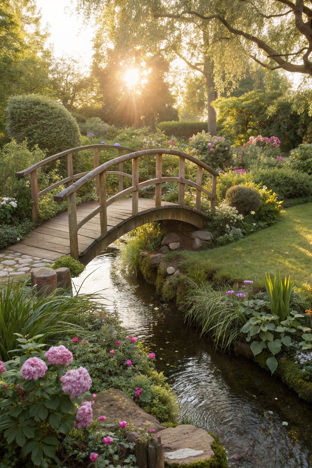A wooden arched bridge spans a narrow stream in a lush garden with pink flowers, green plants, rocks, trees, and sunlight filtering through.