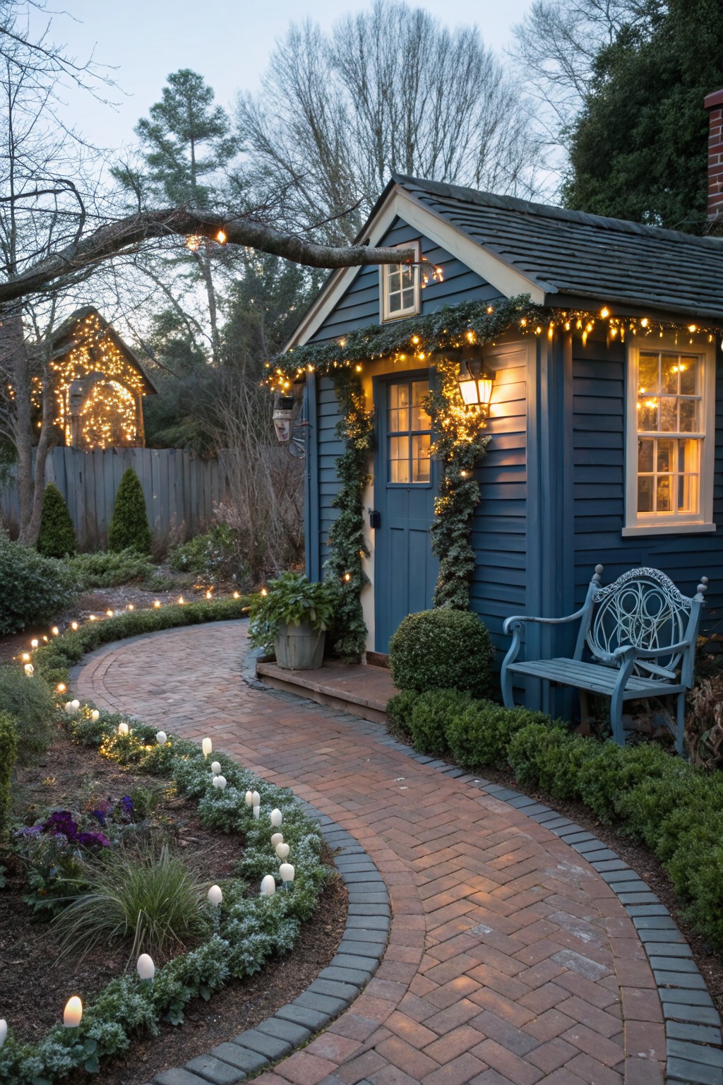 Small dark blue wooden shed in a garden, decorated with evergreen garlands and white string lights along the roofline and door, with a curved brick path lined by white candles and bordered by low plants at dusk.