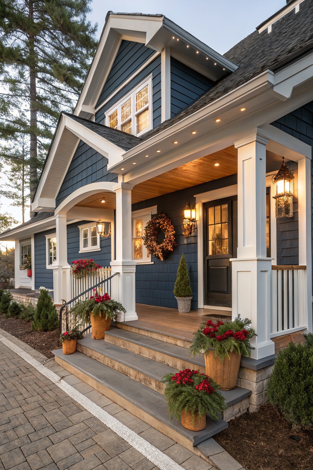 Navy blue shingle-style house exterior with white trim, covered front porch featuring Christmas wreaths on columns, lanterns, potted red plants on steps, and string lights under the eaves.