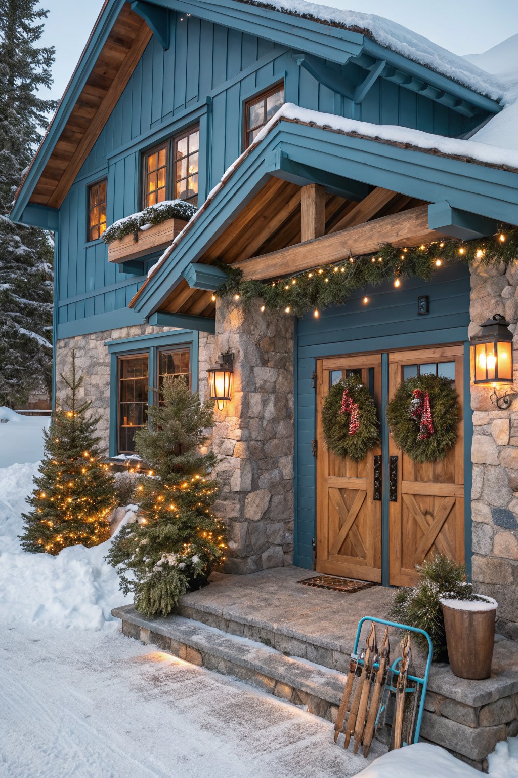 Snowy blue wooden house exterior with barn-style double doors adorned with large green wreaths featuring red ribbons, flanked by small lit Christmas trees, stone porch steps, lanterns, string lights, and a rack of wooden skis.