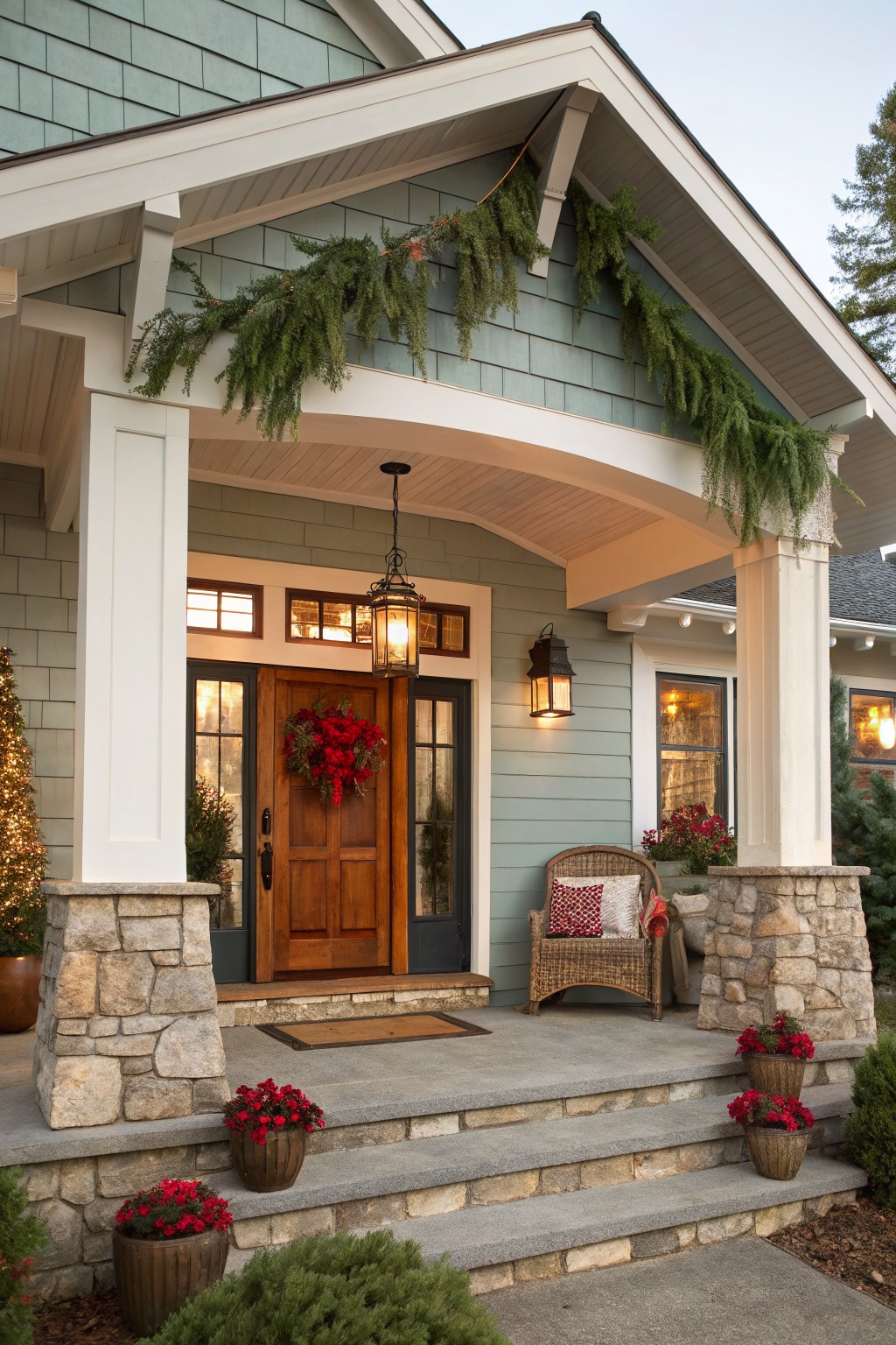 Teal shingle house exterior with covered front porch, wooden door with red wreath, evergreen garland draped along roofline and columns, hanging lanterns, potted red flowers on stone steps, wicker chair with pillows, and small Christmas trees.