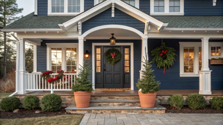 Navy blue shingle-style house exterior with white trim, covered front porch featuring Christmas wreaths on columns, lanterns, potted red plants on steps, and string lights under the eaves.