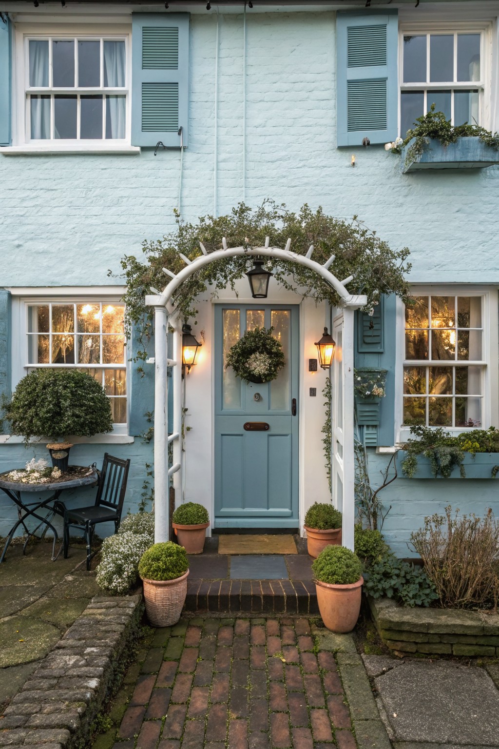 Pale blue house exterior with turquoise front door under white vine-covered archway, flanked by two lit lanterns and a Christmas wreath, with potted plants, boxwood topiaries, and warm window lights.