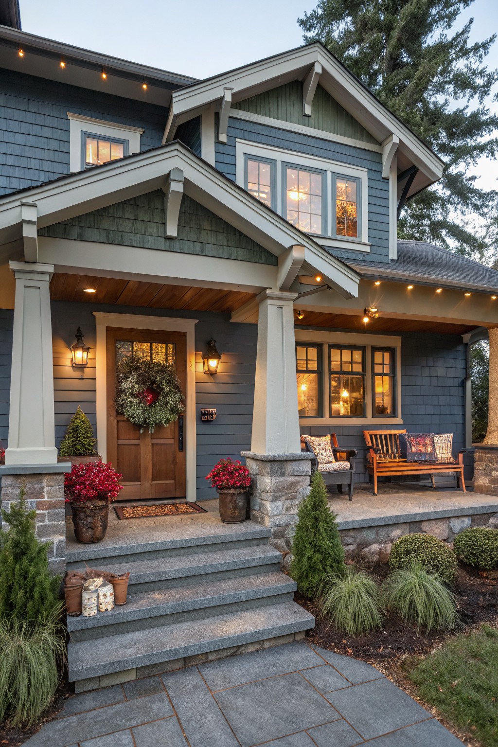 Blue shingled Craftsman house exterior at dusk with Christmas wreath on wooden front door, porch bench with pillows, lanterns, potted red flowers, string lights, and small trees on stone steps.