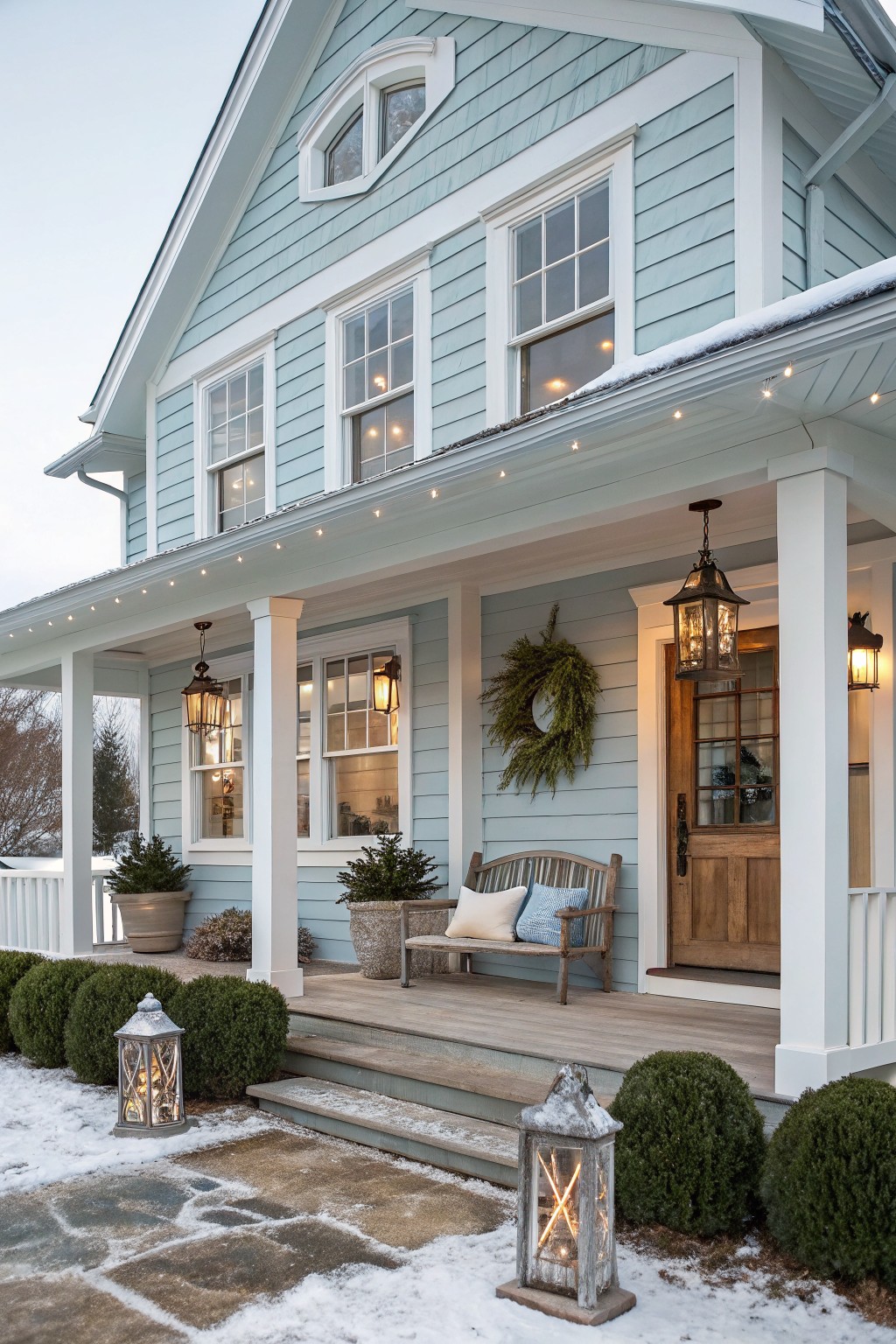 Light blue clapboard house exterior with white trim and covered porch at dusk in light snow, decorated with hanging lanterns, string lights, evergreen wreath, wooden bench, potted plants, and boxwood shrubs.