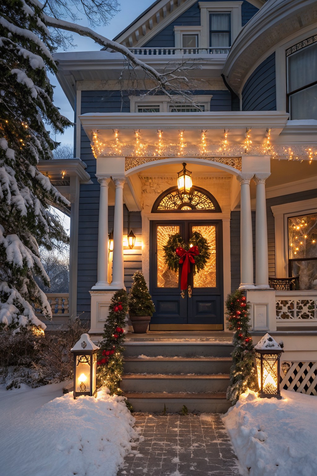 Blue Victorian house exterior at dusk with snow, Christmas string lights draped over the porch, large wreath on dark blue double doors, small potted trees, lanterns on steps, and garlands.