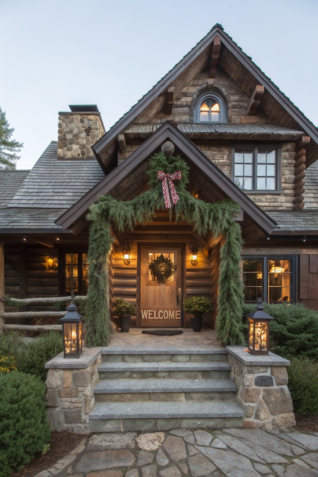 Log cabin style house exterior decorated for Christmas with evergreen garland and red ribbons over the front door, wreaths, lanterns flanking stone steps, and potted greenery.