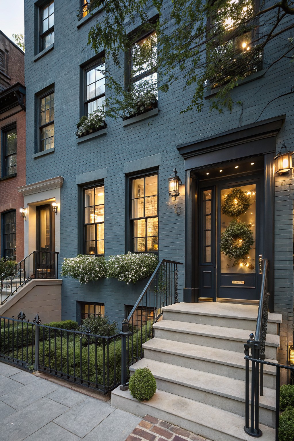 Blue brick townhouse facade with dark wood and glass front door decorated by two illuminated evergreen wreaths, flanked by lanterns, stone steps with iron railing, and window boxes with white flowers.
