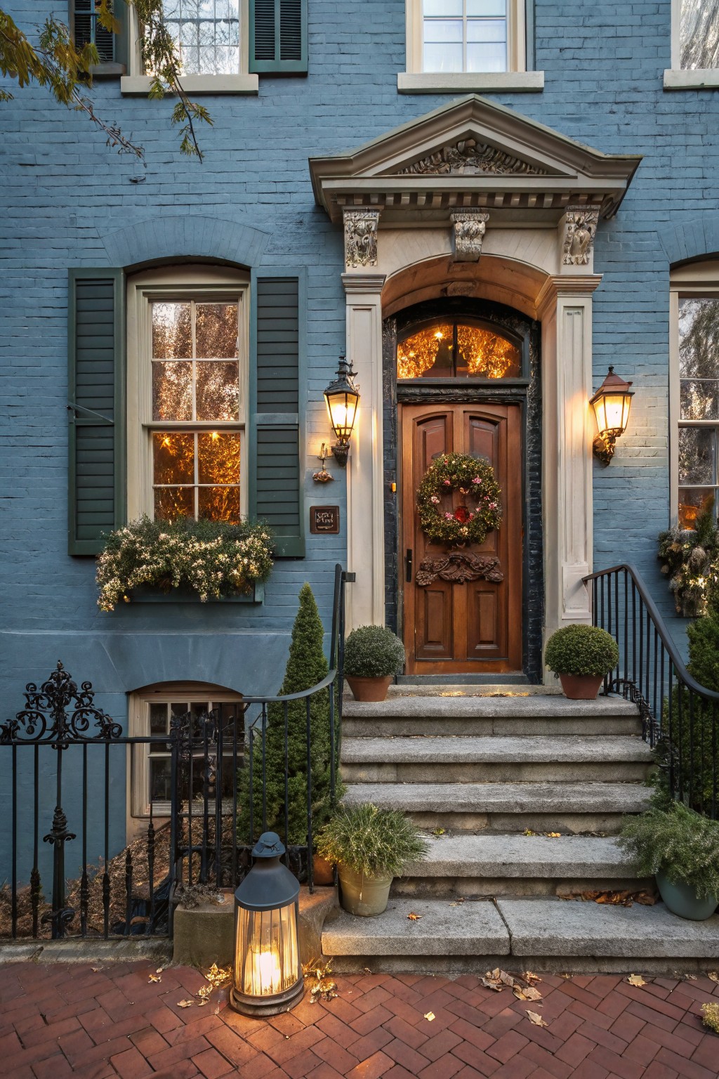 Blue brick townhouse exterior with arched wooden double front door decorated by a large evergreen Christmas wreath, flanked by lanterns, potted topiaries on stone steps, and wrought iron railing.