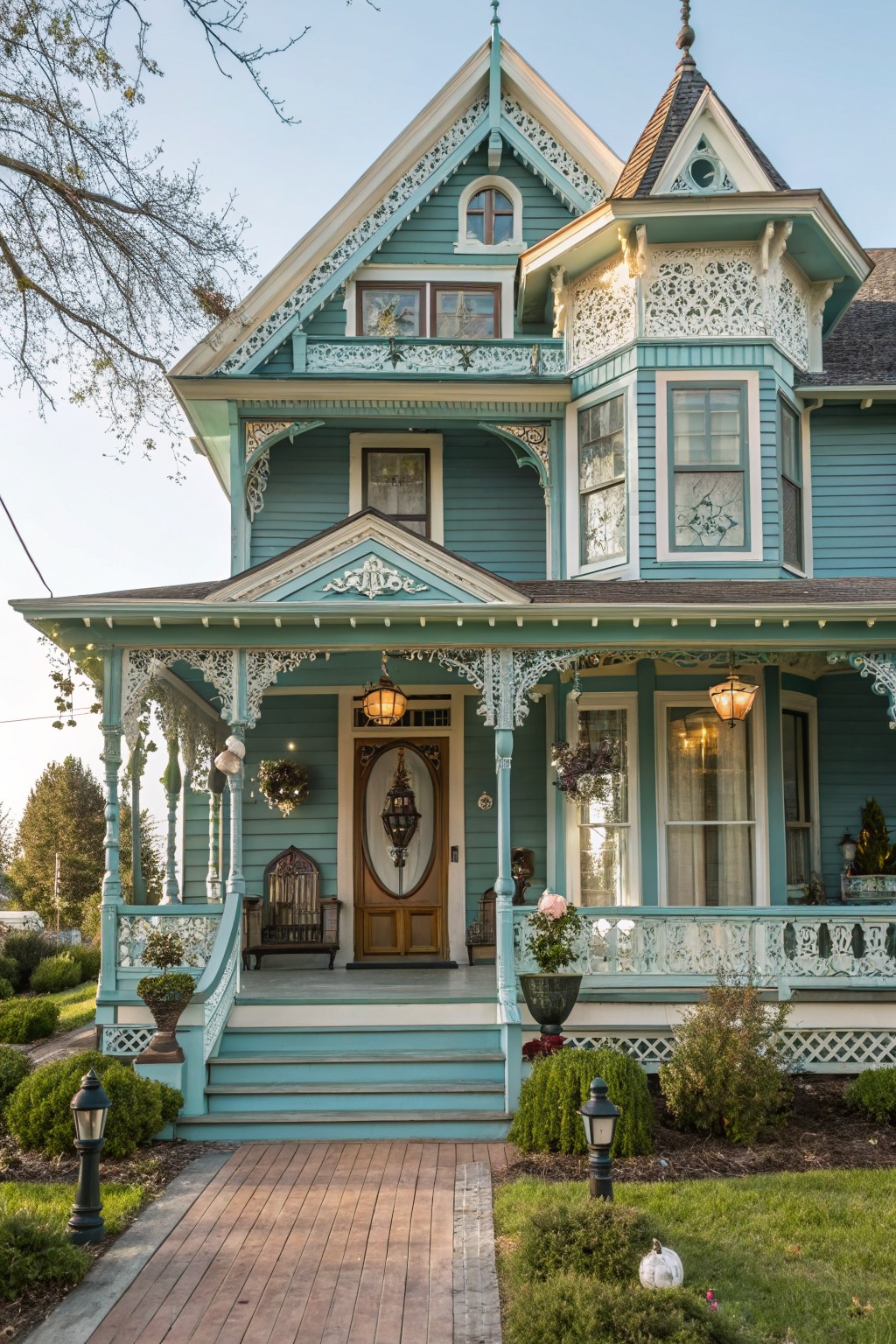 Turquoise Victorian house exterior with wraparound porch featuring hanging lanterns, wreaths on posts, garlands, potted plants, white pumpkins in yard, brick path, and lamp posts.