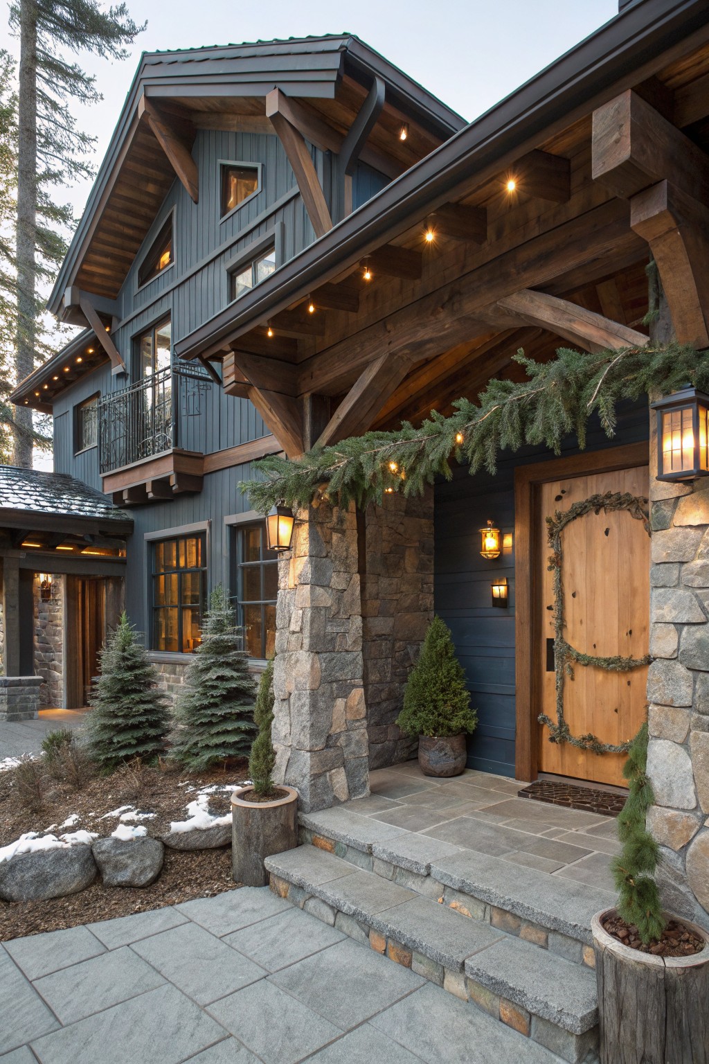 Dark blue clapboard house exterior with sloped roof, wooden front door wrapped in evergreen garland and string lights, stone walls, lanterns flanking the entry, potted trees, and slate steps.