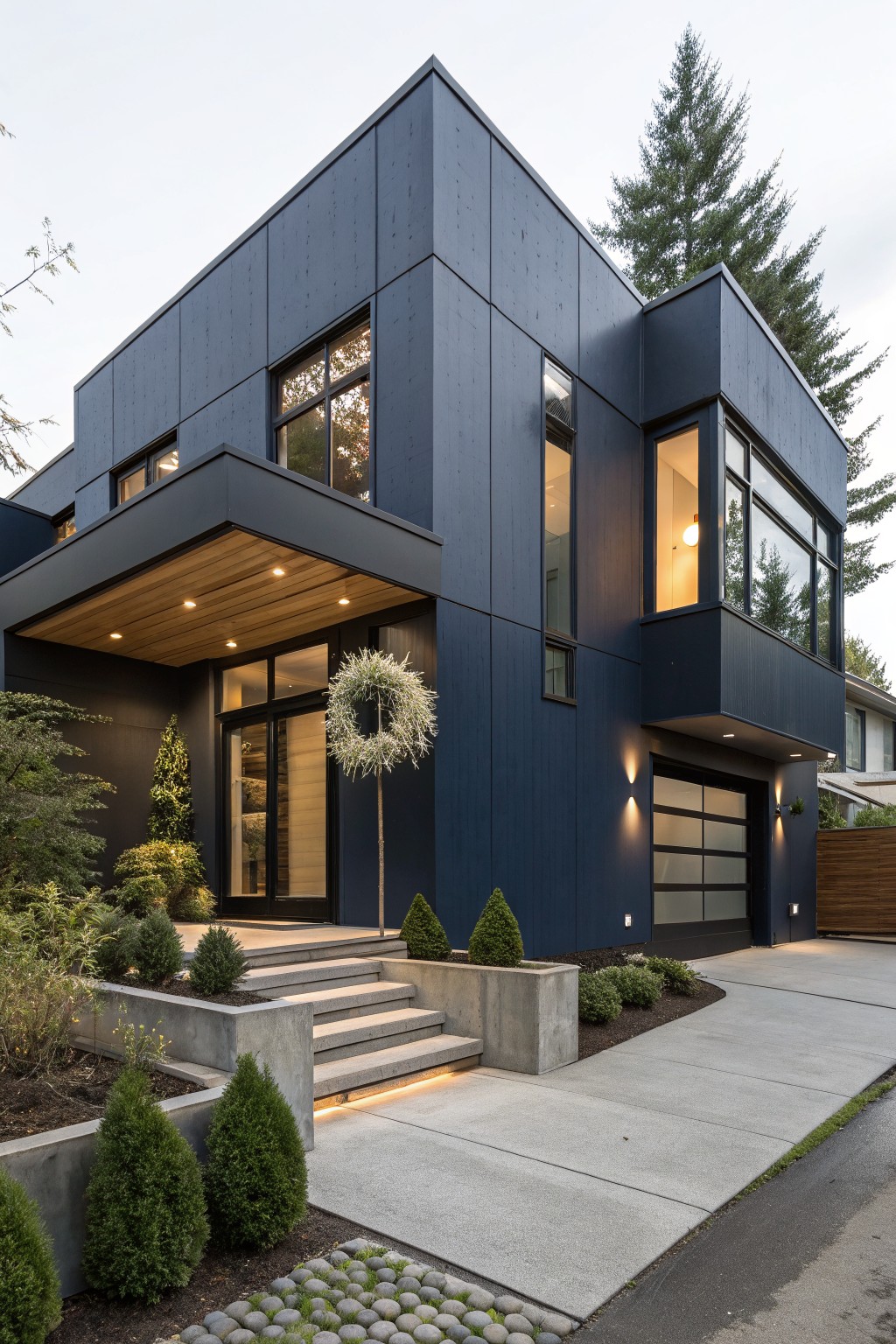 Modern navy blue paneled house exterior featuring a large textured wreath on the glass front door, wood ceiling porch, frosted garage doors, concrete steps, and landscaped plants in concrete planters.