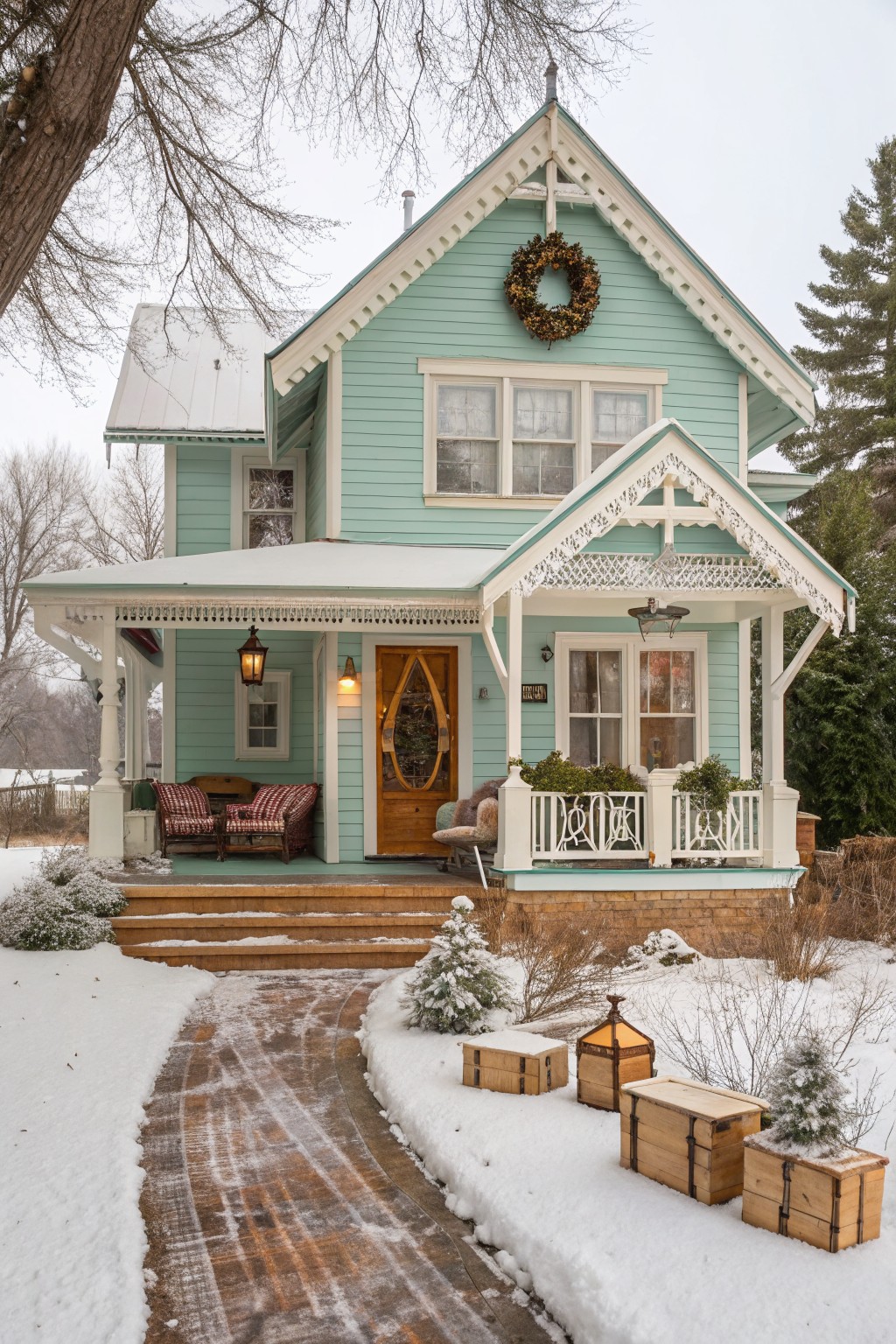 Snowy turquoise clapboard house with Victorian details, front porch featuring plaid chairs and lanterns, wooden front door with wreath, and wooden crates containing small trees and lanterns placed along the pathway.