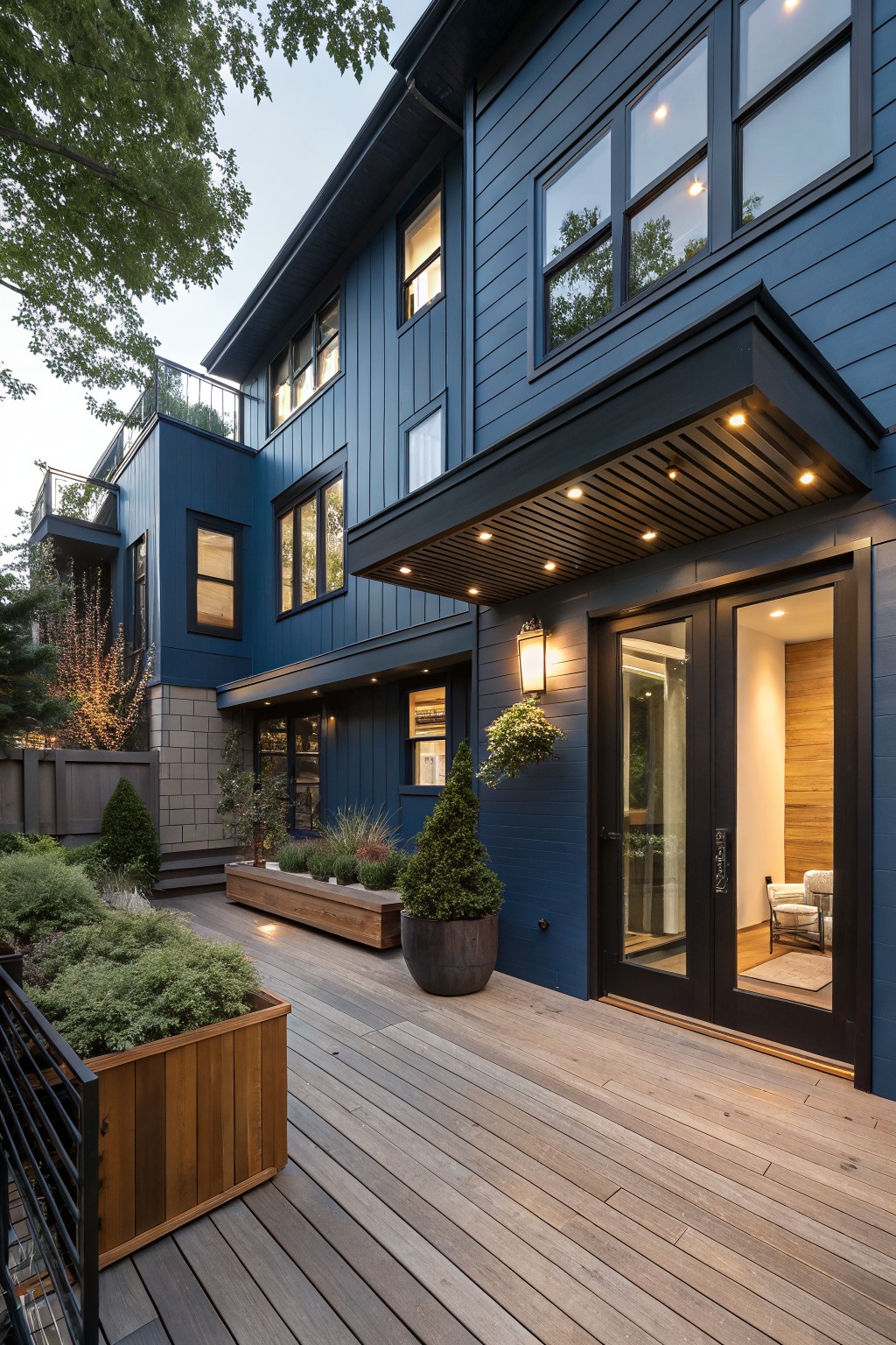 Dark blue modern house exterior with light wood deck leading to black-framed glass entry doors, wooden planters with greenery, small trees, and warm lights glowing from windows and under the overhang at dusk.