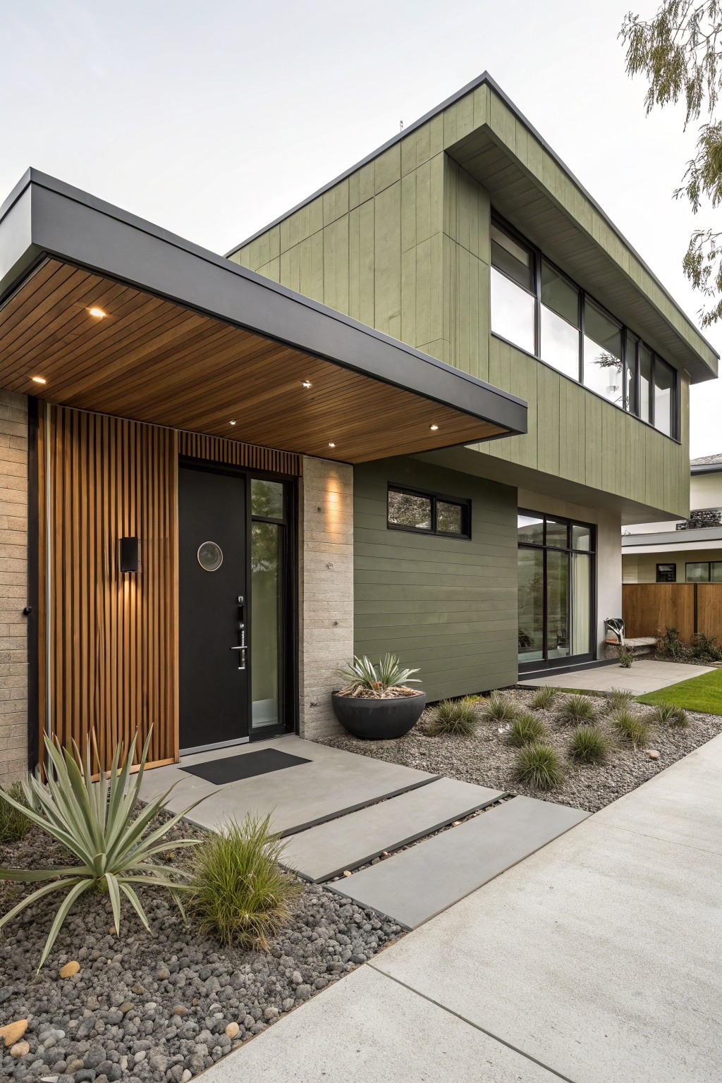 Modern green-sided house exterior featuring a black front door under a wooden canopy, flanked by vertical wood slats, brick base, and drought-tolerant plants along the concrete entry path.